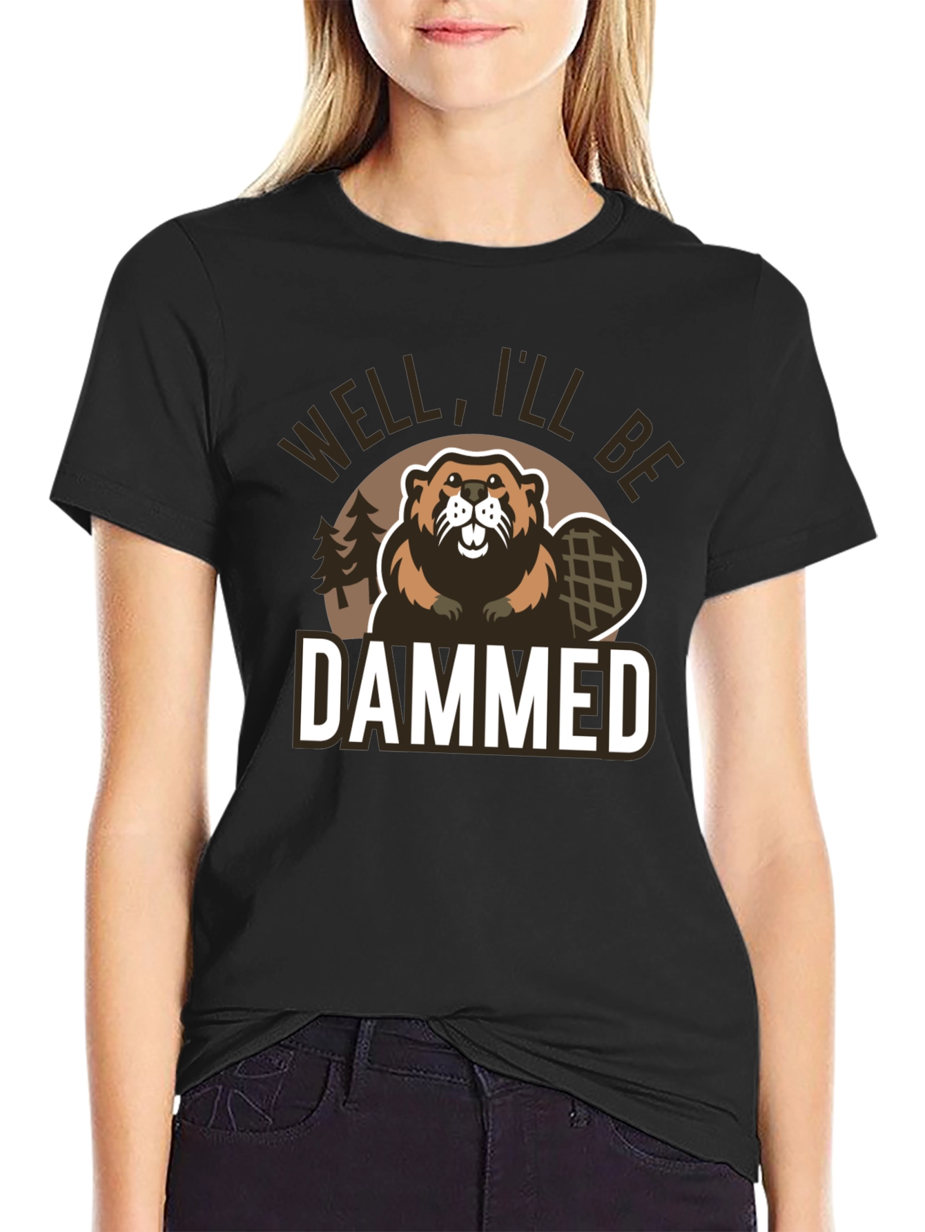 Black Well I'll Be Dammed Funny Beaver Graphic T-Shirt view 2
