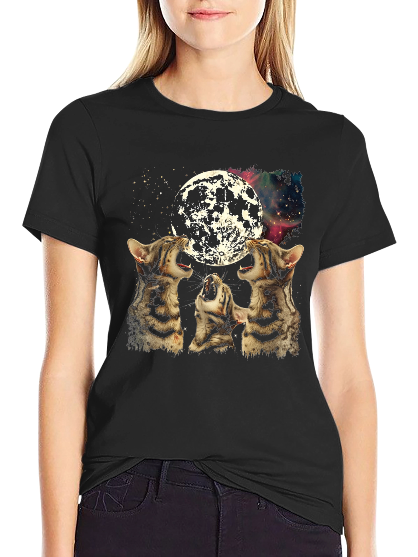 Black Three Cats Howling at Moon Graphic Tee view 2