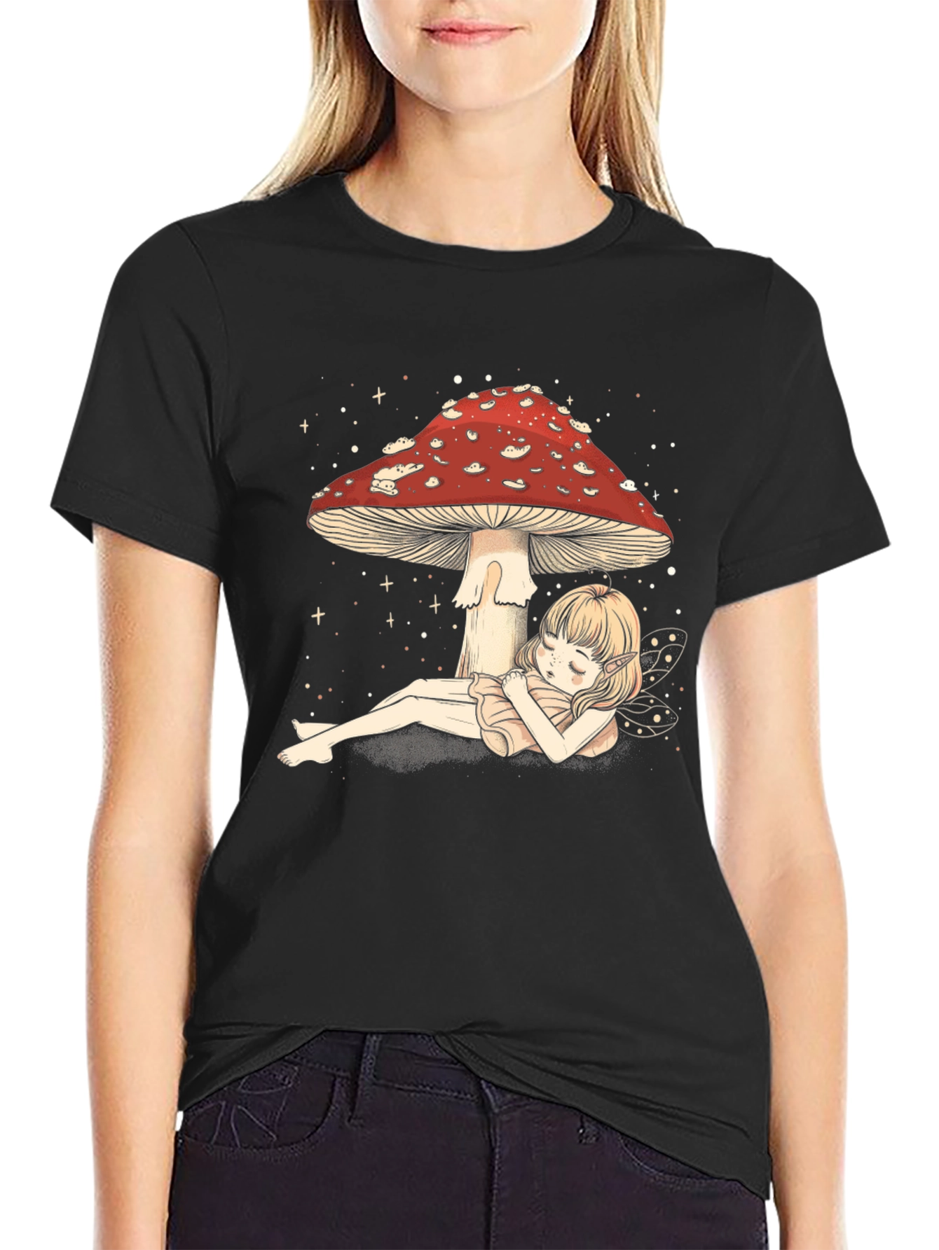 Black Mushroom Fairy T-Shirt - Whimsical Black Tee view 2