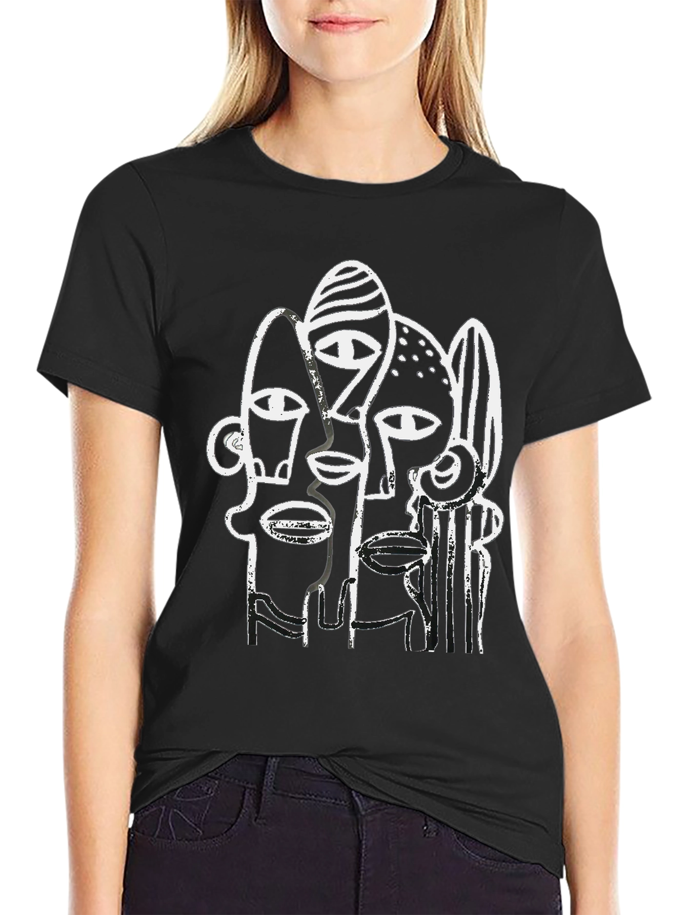 Black Abstract Faces Graphic Tee - Modern Art Shirt view 2