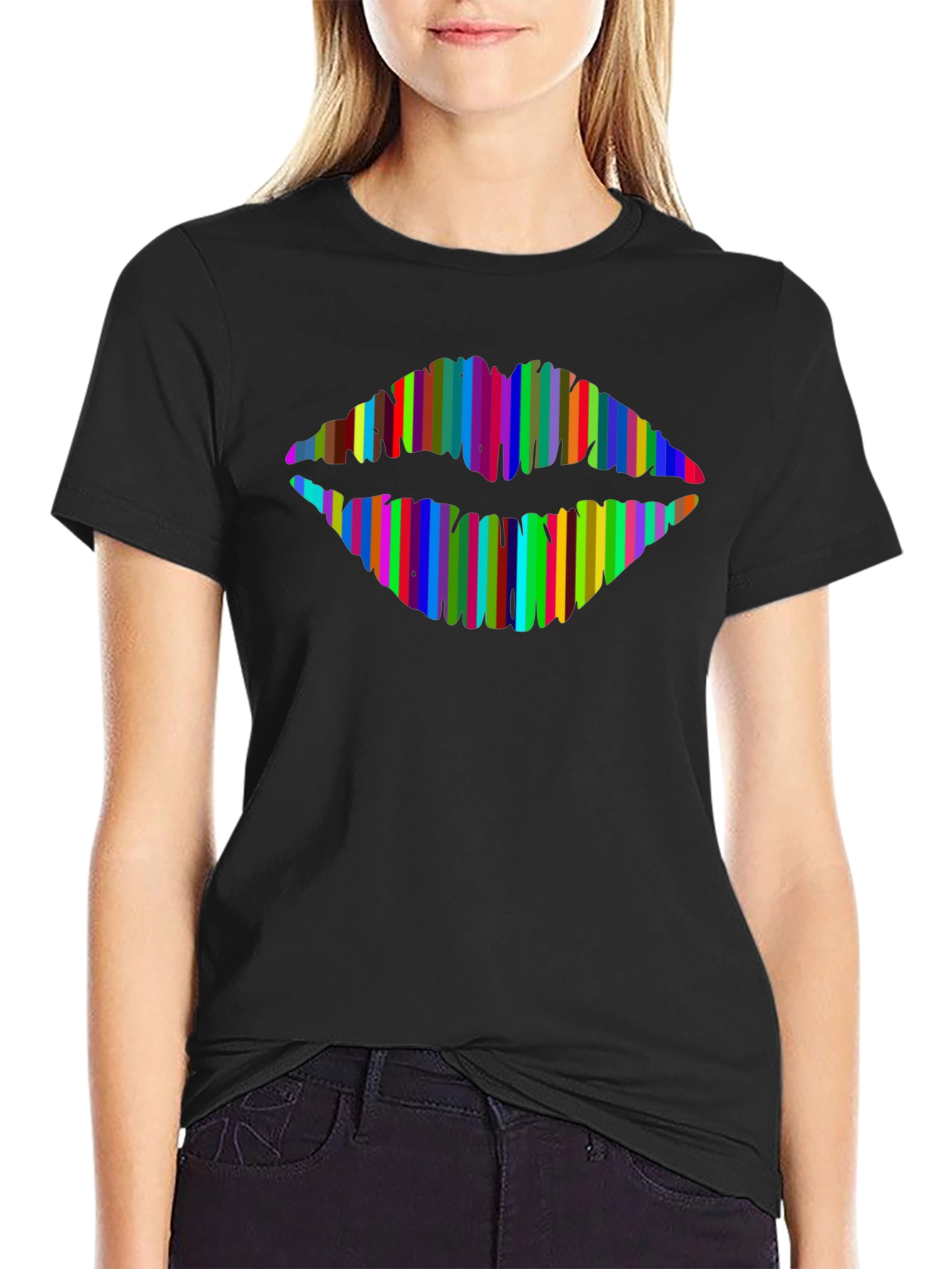 Black Rainbow Lips Graphic T-Shirt - Modern Style view 2