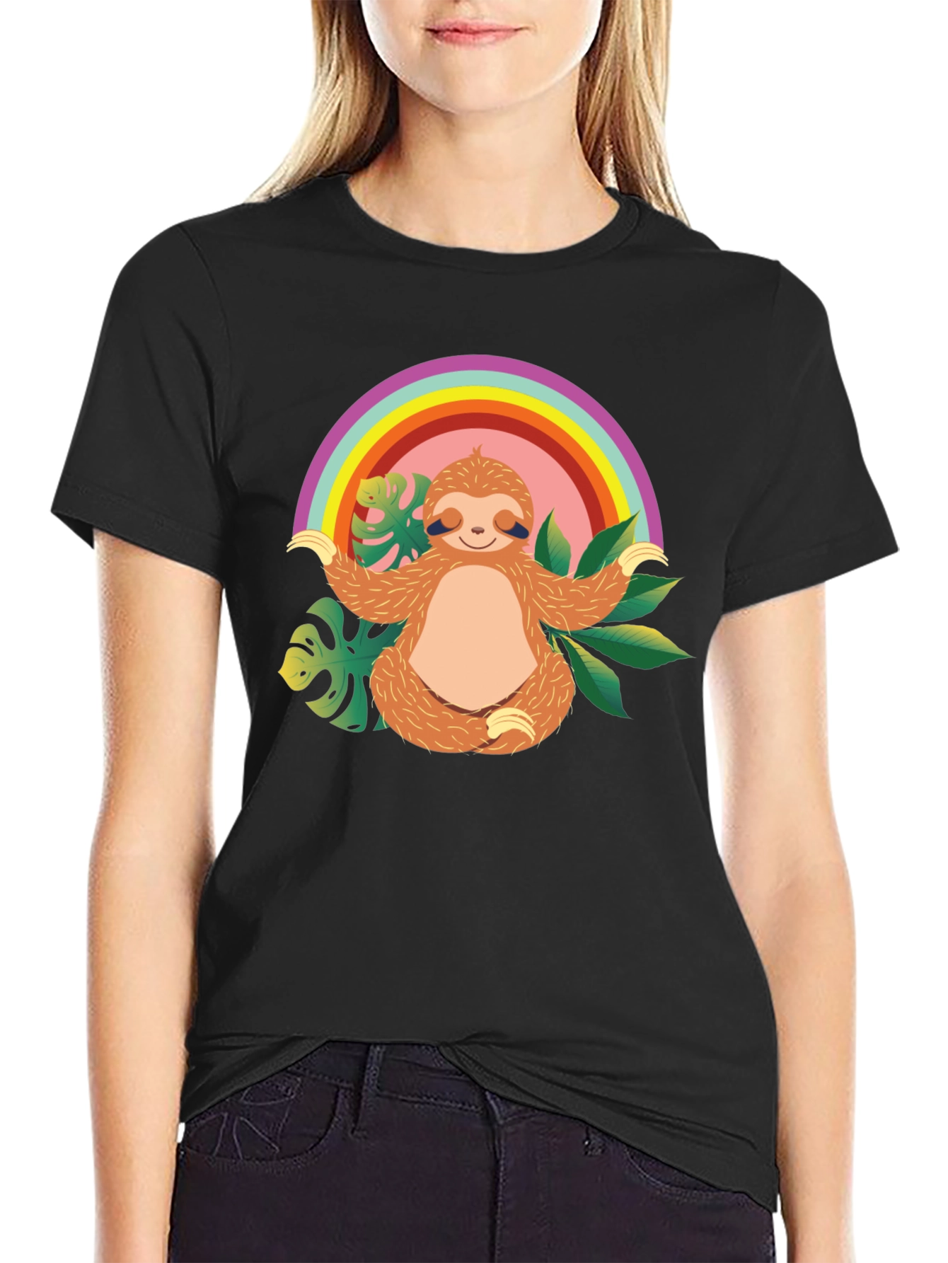 Black Zen Sloth Rainbow T-Shirt - Relaxed & Comfy view 2