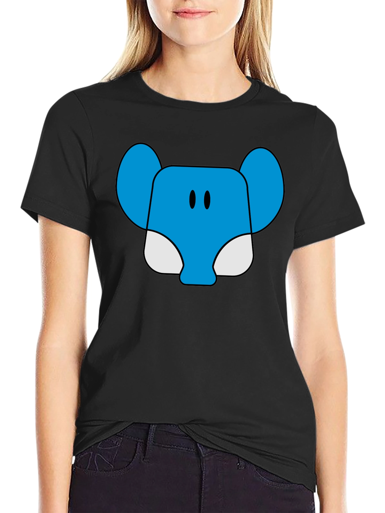 Black Blue Elephant Cartoon Graphic T-Shirt view 2