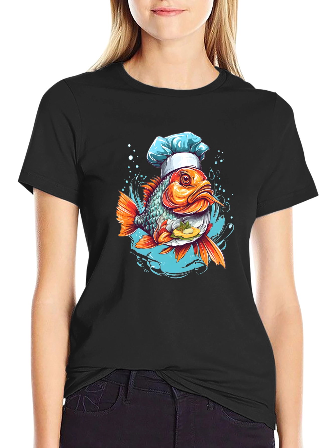 Black Chef Fish Graphic Tee - Cool Cartoon Design view 2
