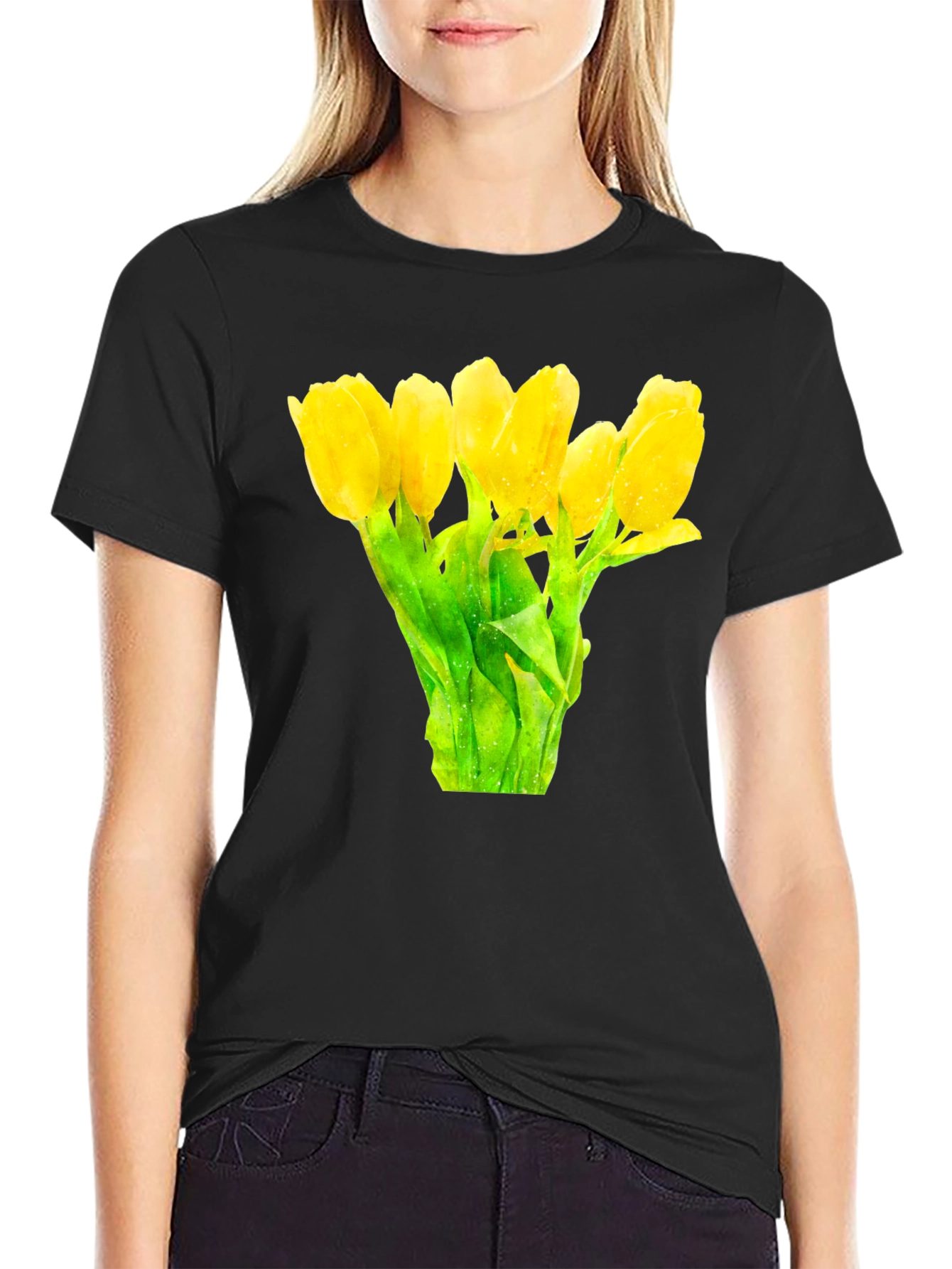 Black Floral Print Black T-Shirt -  Yellow Tulips view 2