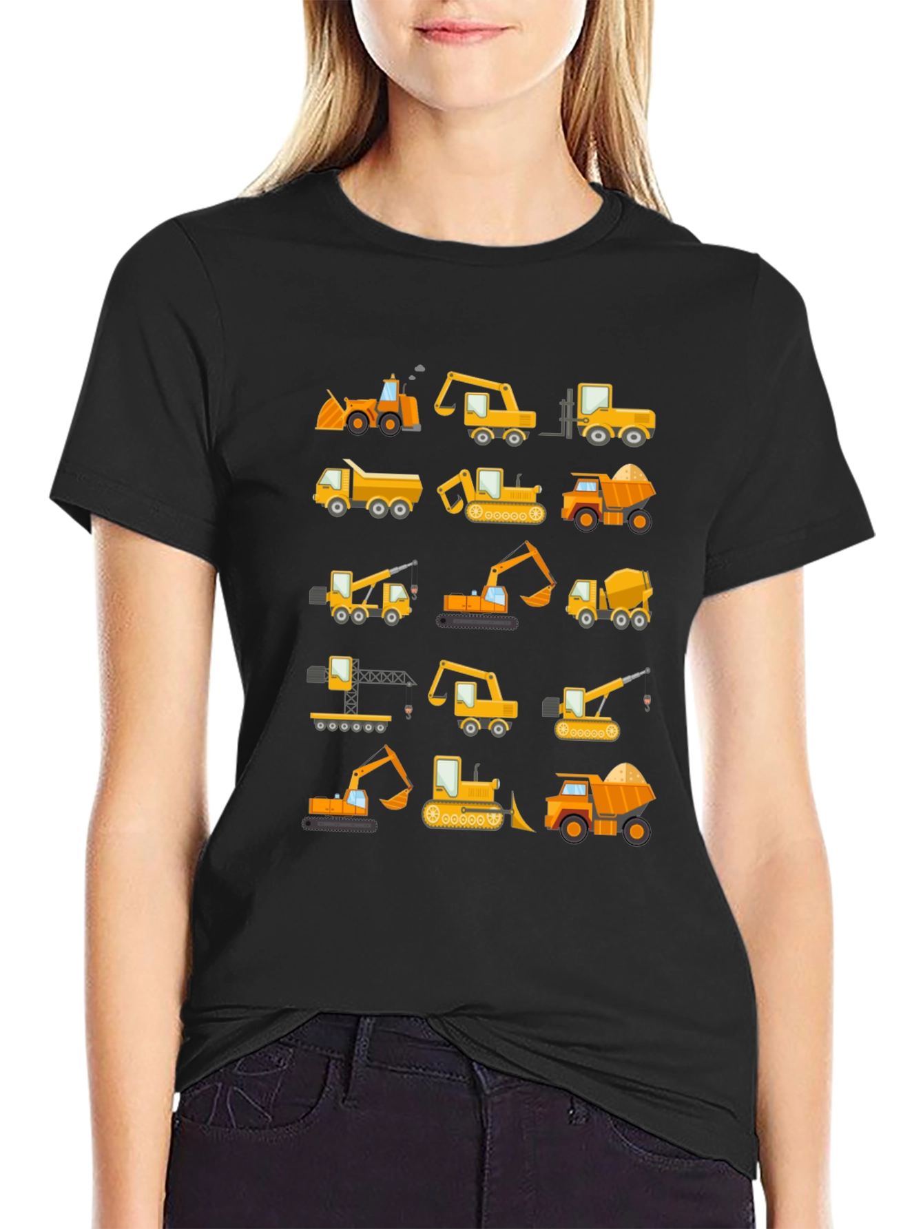 Black Construction Vehicles Pattern T-Shirt view 2