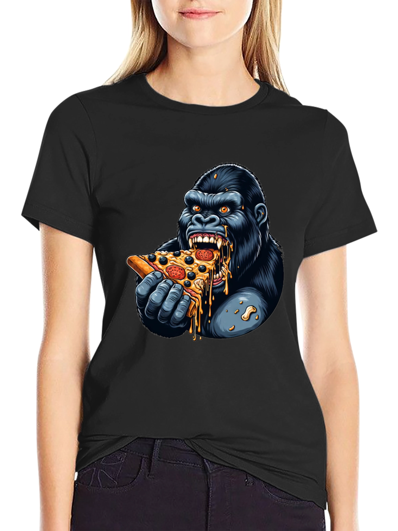 Black Gorilla Eating Pizza Graphic T-Shirt view 2