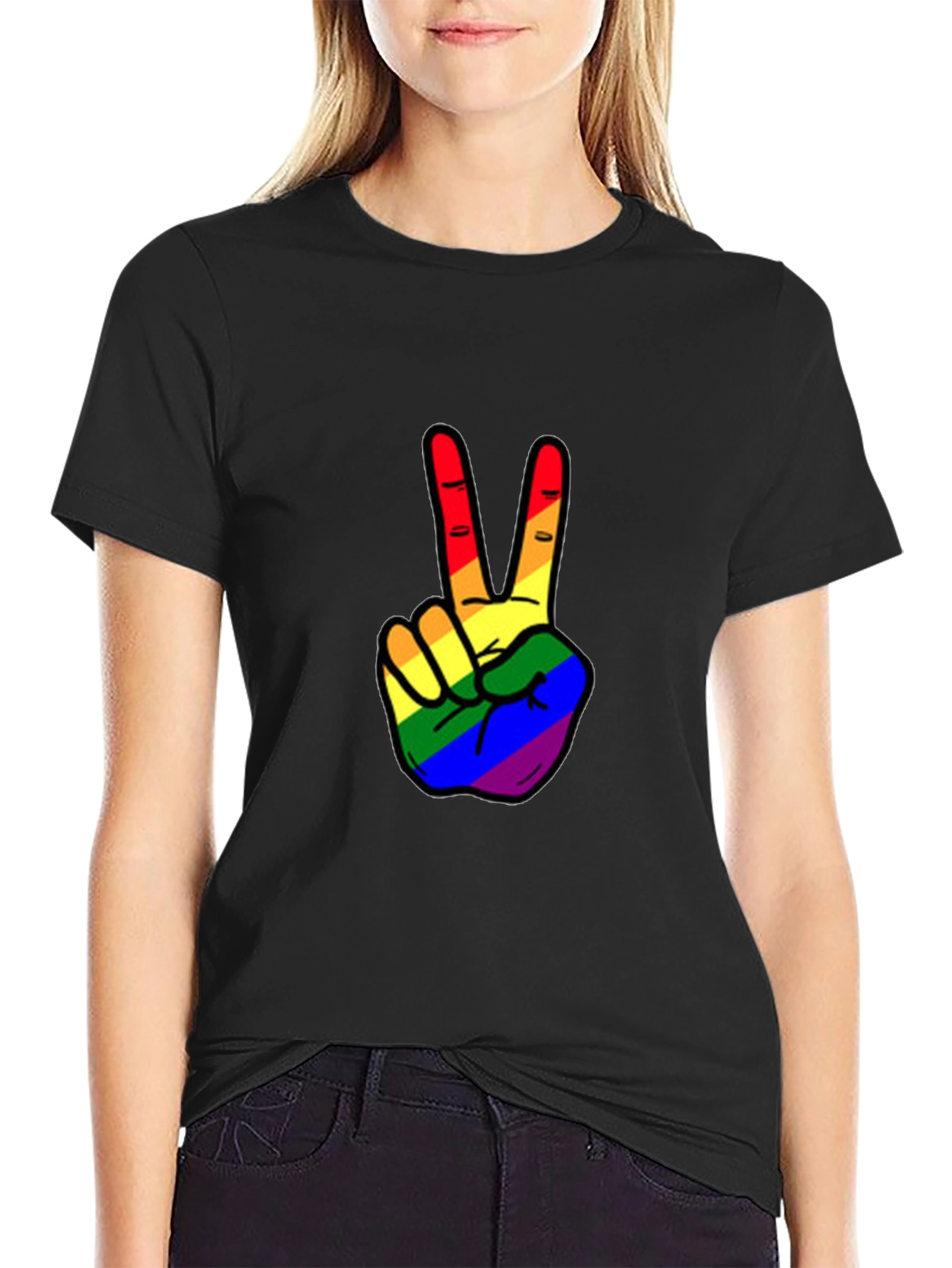 Black Rainbow Peace Sign Graphic Tee view 2