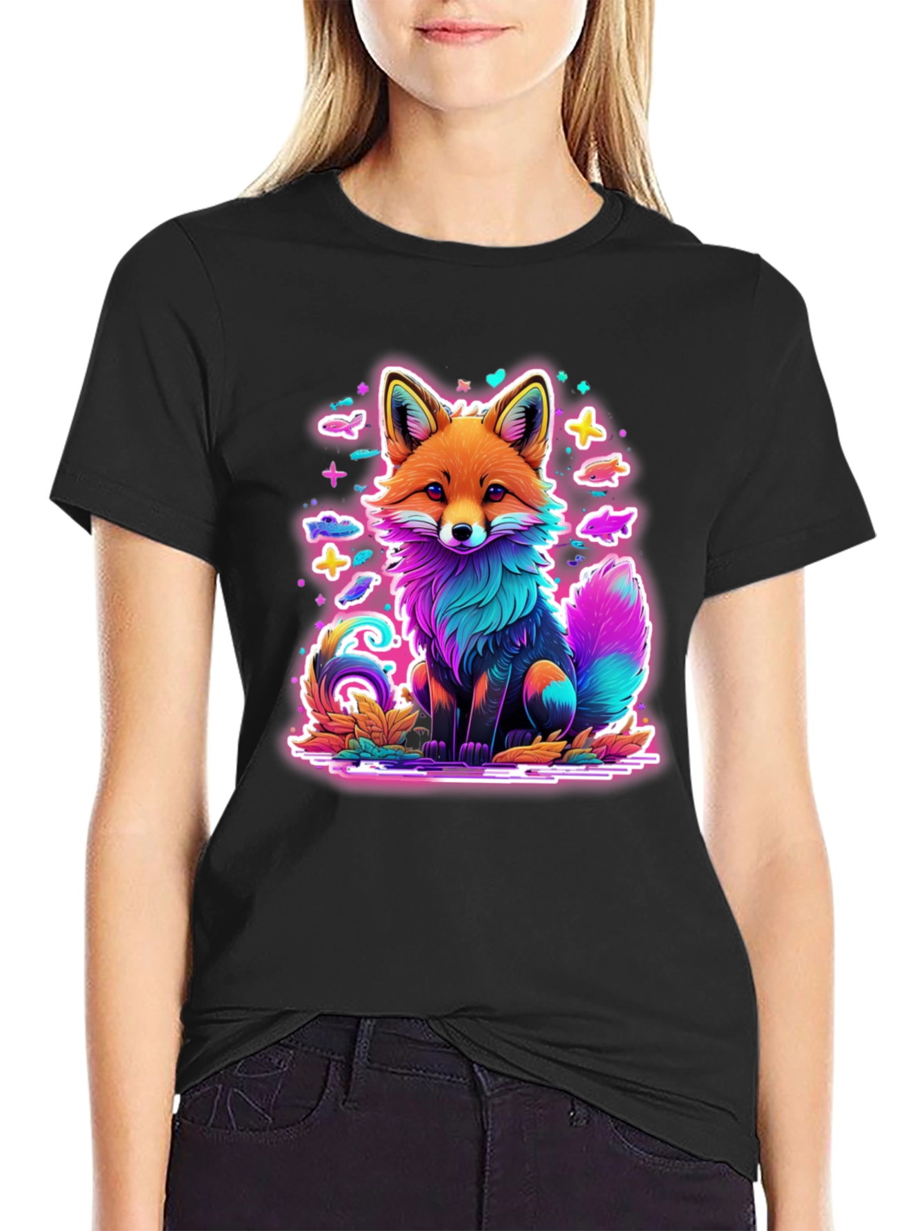 Black Neon Fox Graphic Tee - Unique Colorful Design view 2