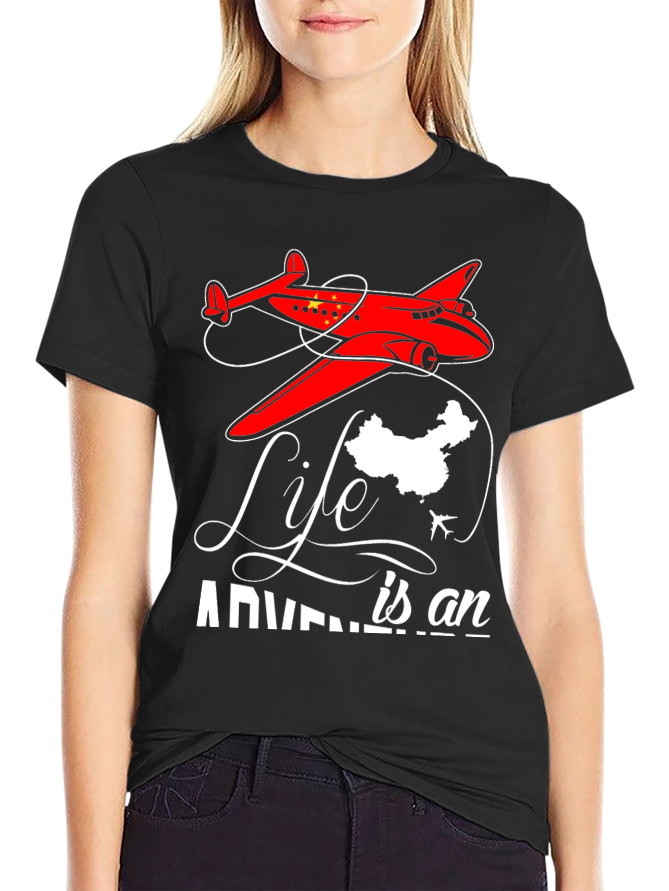 Black Adventure Life China Airplane Graphic T-Shirt view 2
