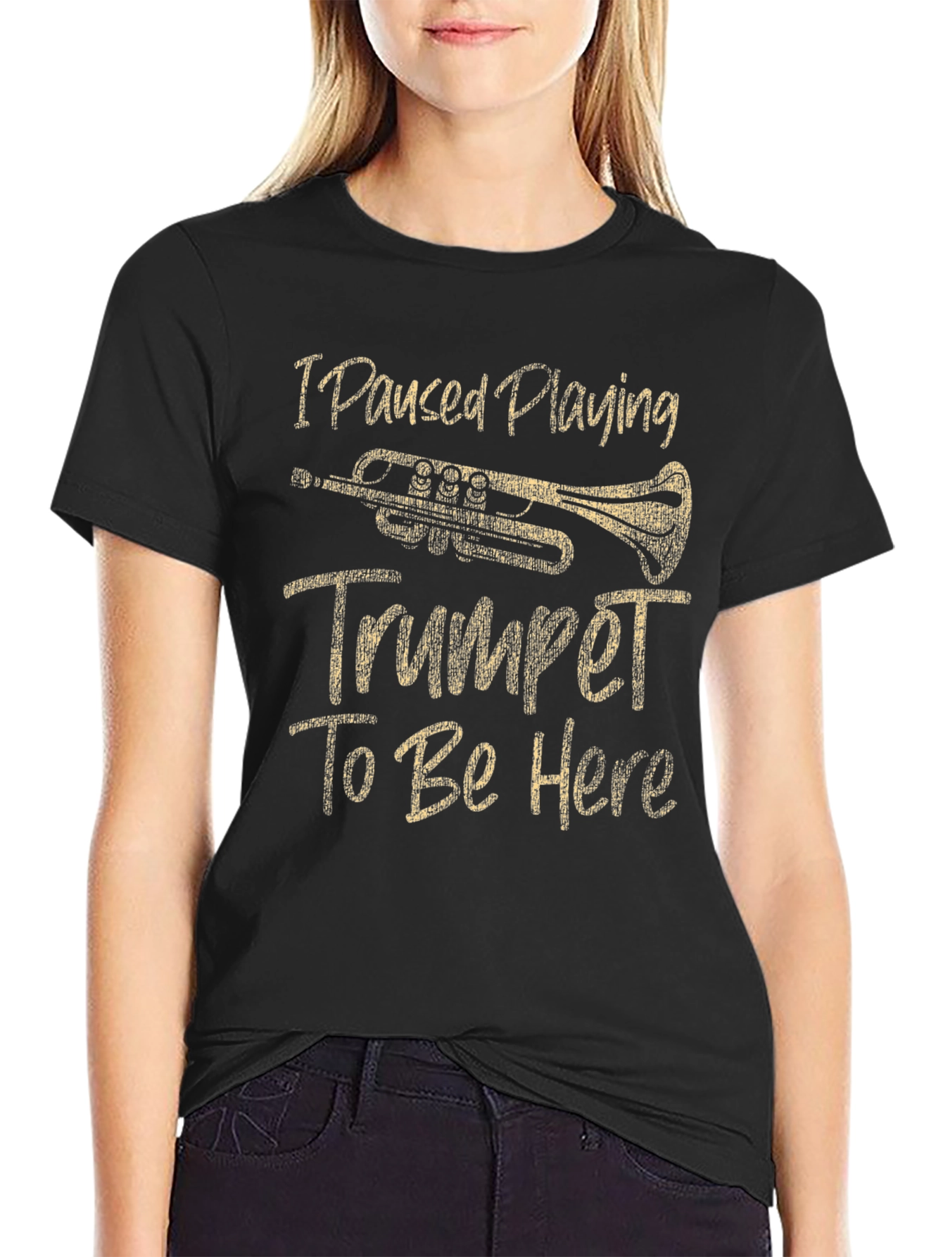 Black Trumpet Player Humor Graphic Tee - Black Cotton T-Shirt view 2