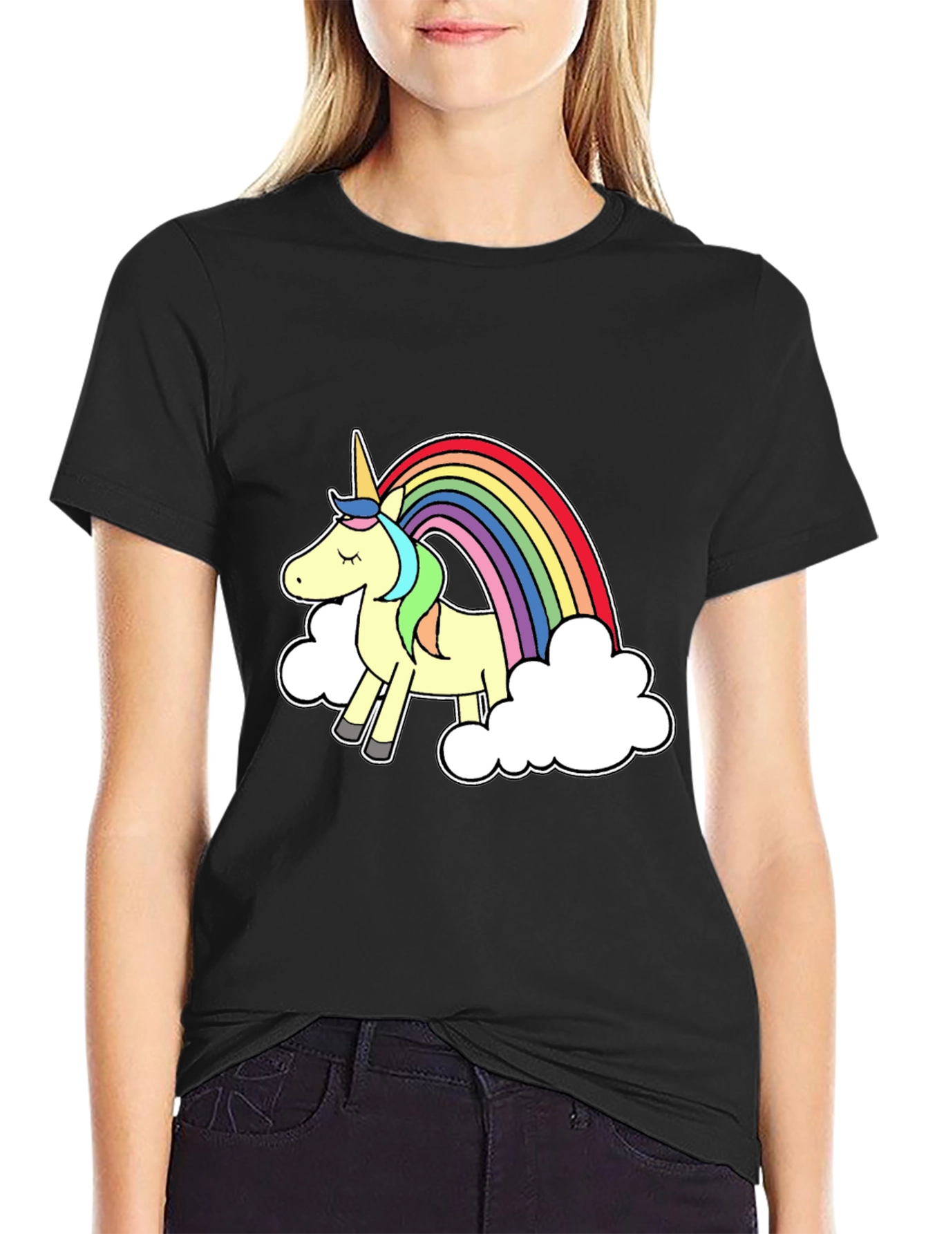 Black Unicorn Rainbow Graphic Tee - Black Cotton T-Shirt view 2