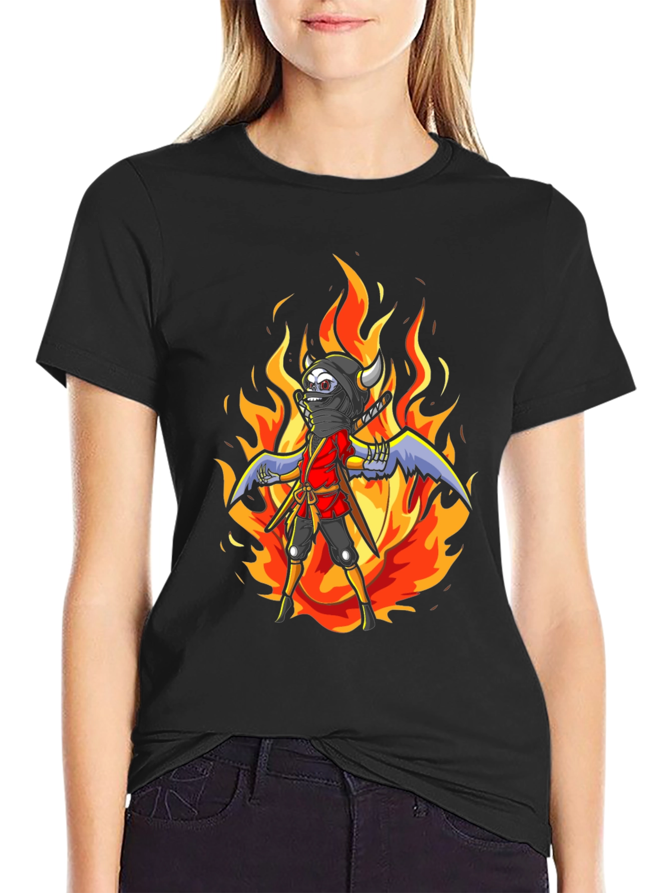 Black Fiery Ninja Graphic Tee - Black Cotton T-Shirt view 2