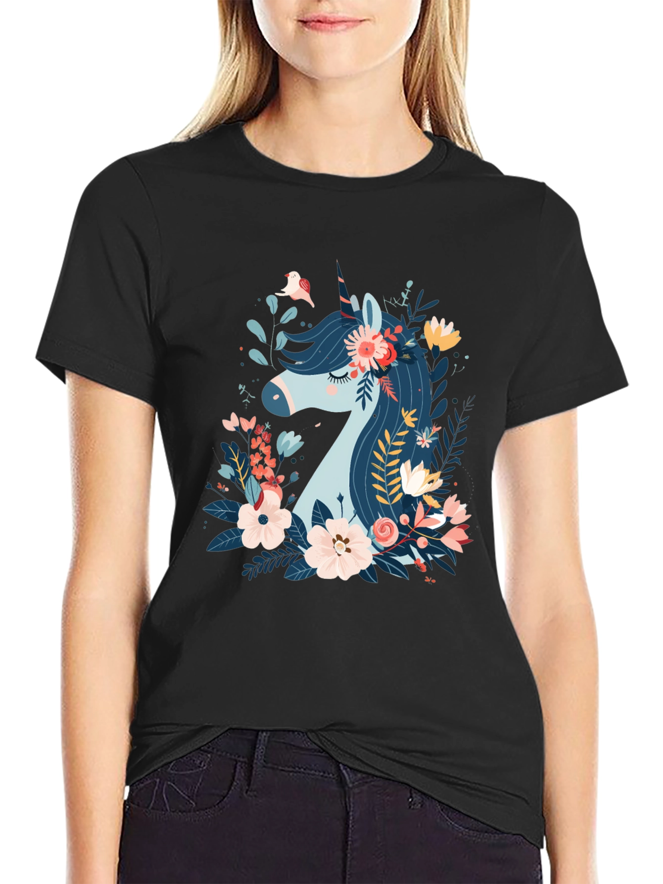 Black Floral Unicorn Graphic Print Black T-Shirt view 2