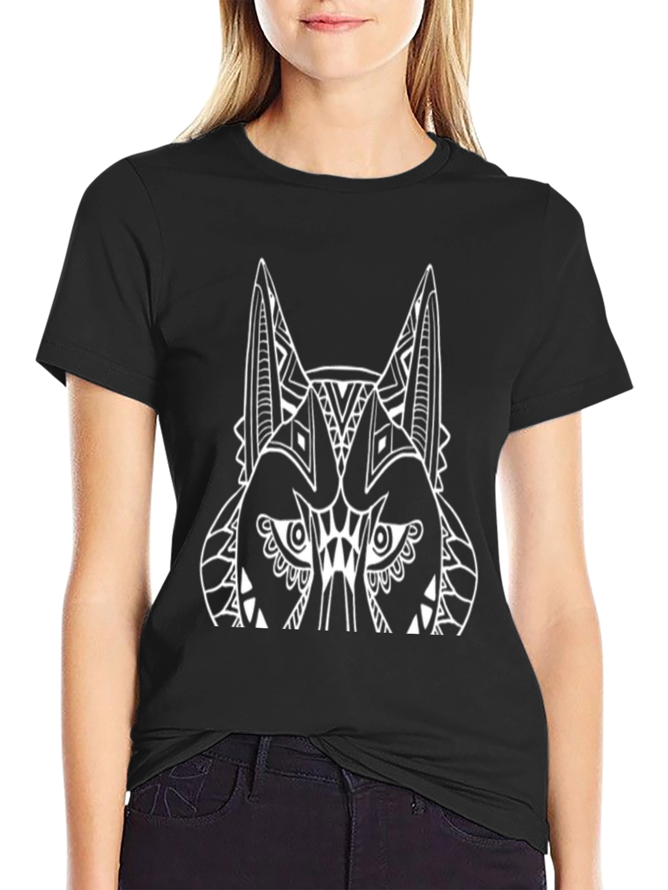Black Tribal Wolf Graphic Tee - Black Cotton T-Shirt view 2