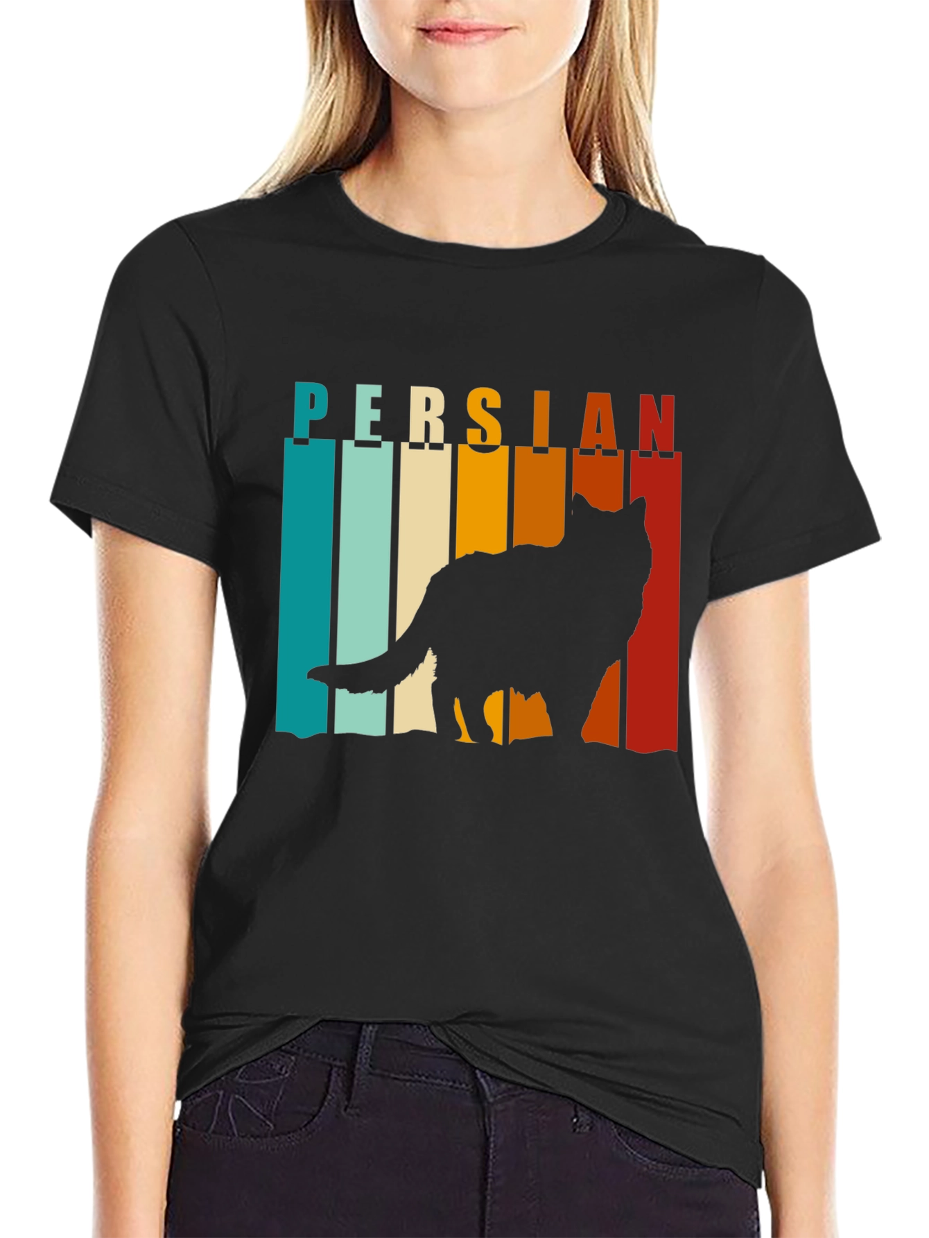 Black Retro Persian Cat T-Shirt view 2