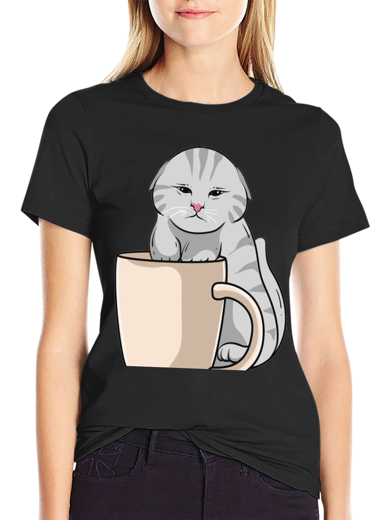 Black Grumpy Cat Mug T-Shirt - Novelty Kitten Tee view 2