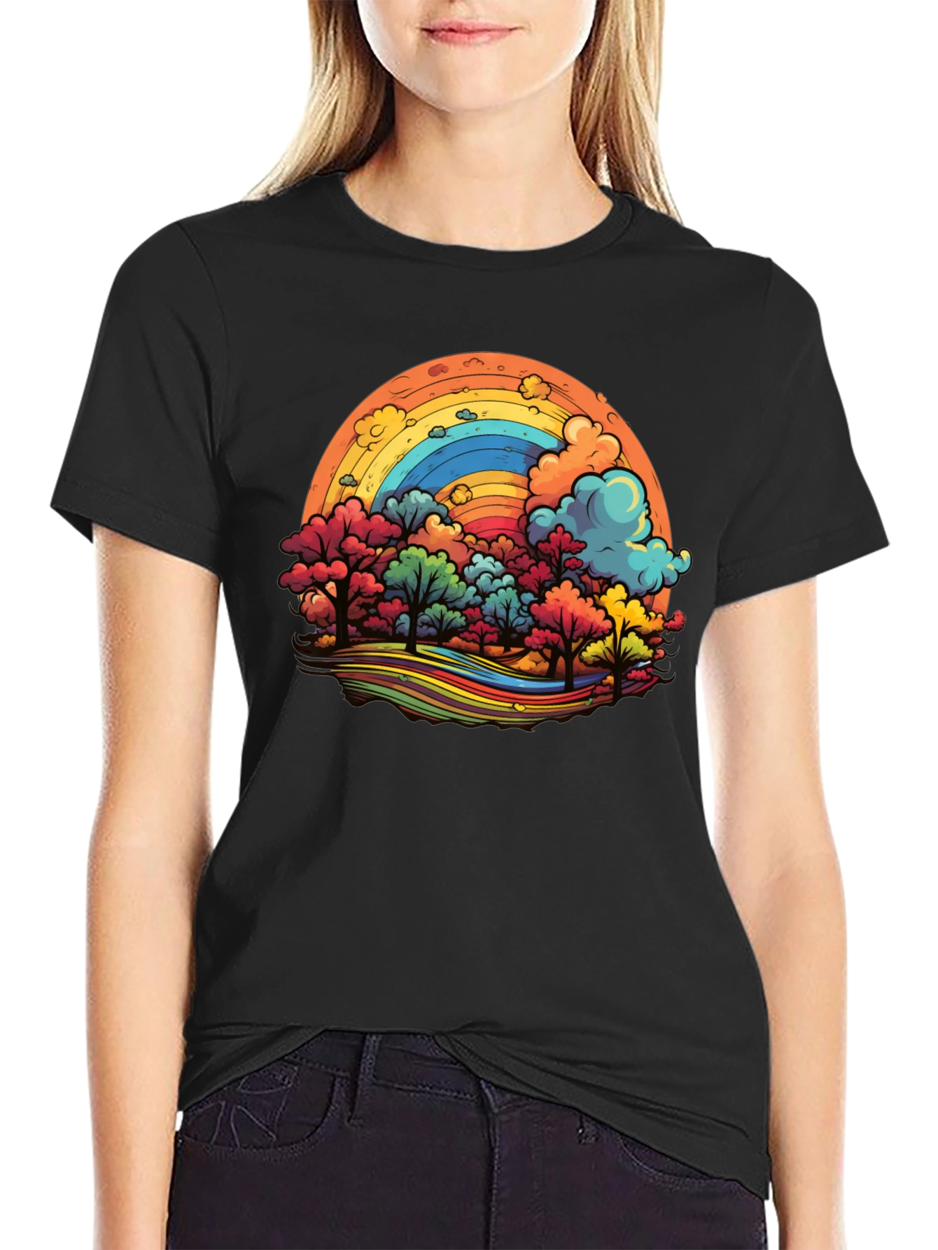 Black Rainbow Trees Graphic Black T-Shirt view 2