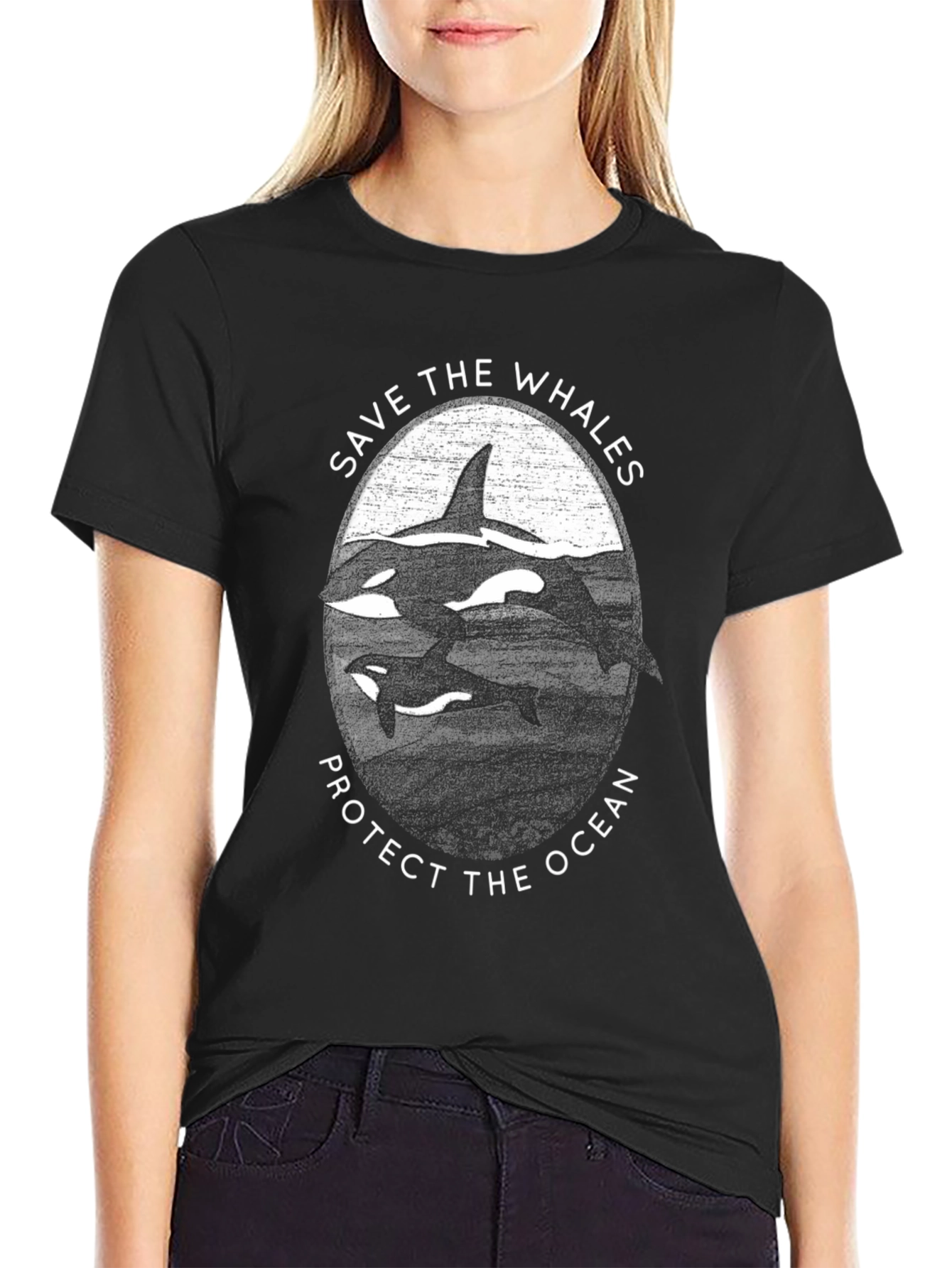 Black Save the Whales Graphic Tee - Ocean Conservation Shirt view 2