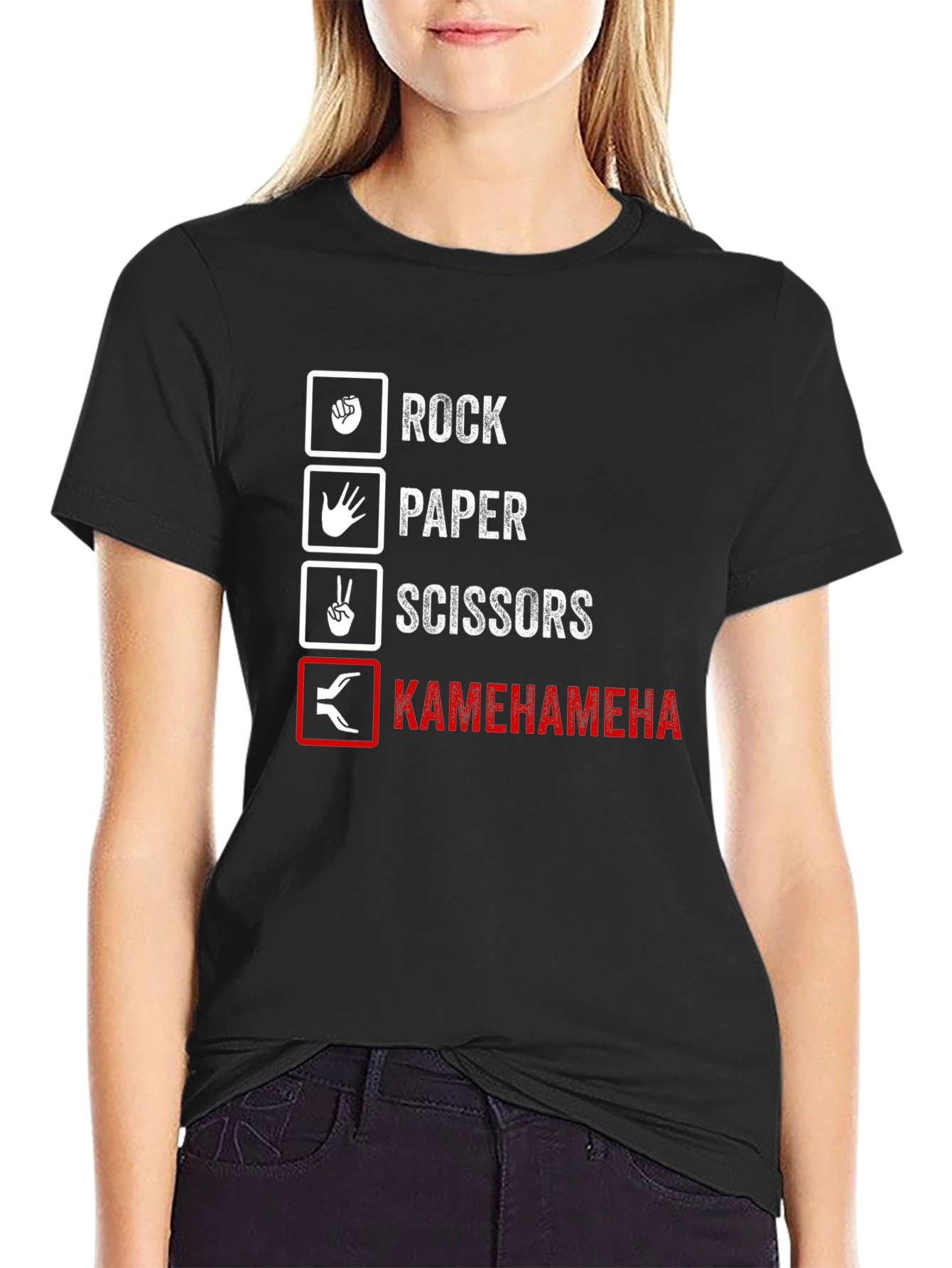 Black Rock Paper Scissors Kamehameha Funny T-Shirt view 2