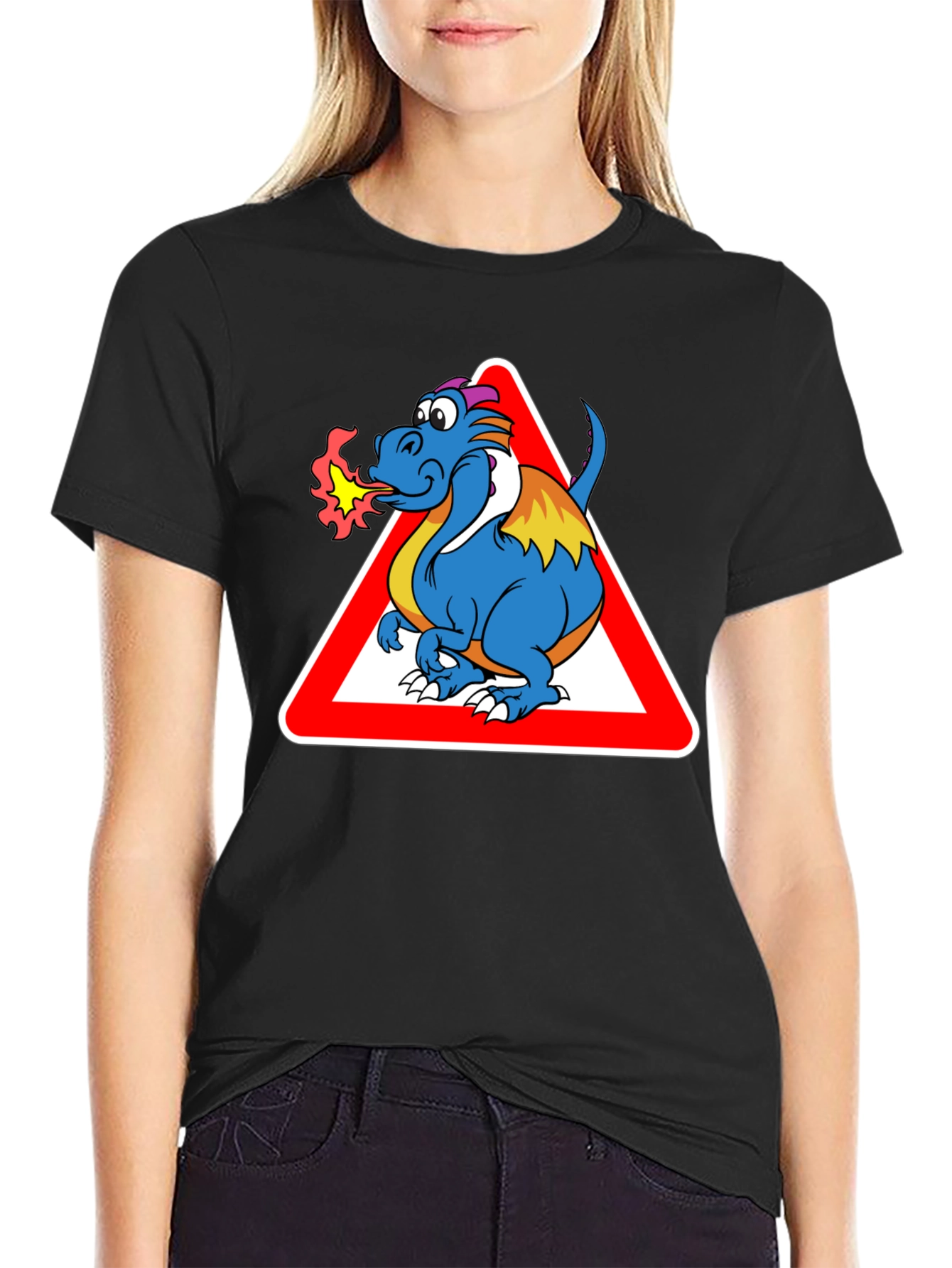 Black Funny Dragon Warning T-Shirt - Black Cotton Tee view 2