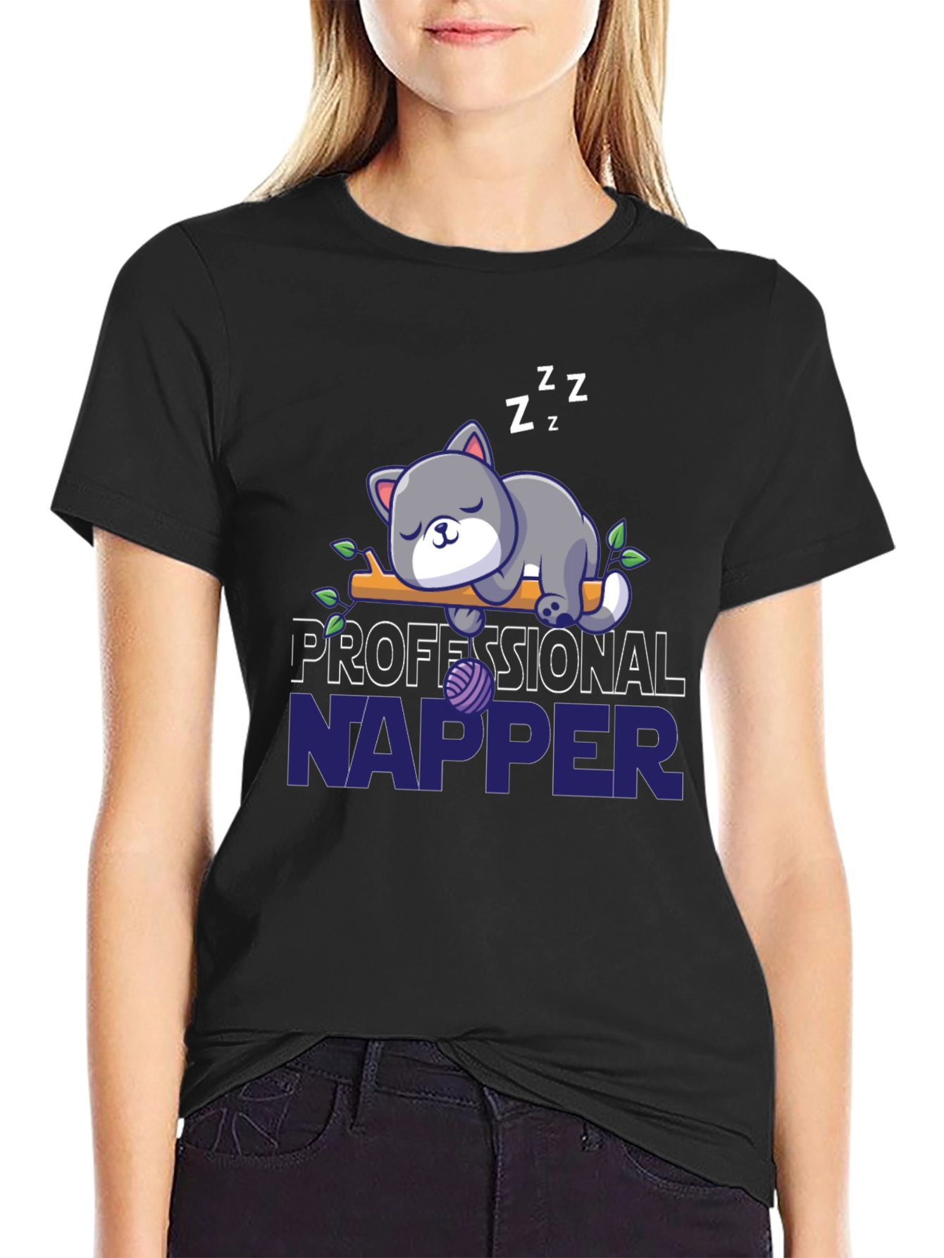Black Professional Napper Cat T-Shirt view 2