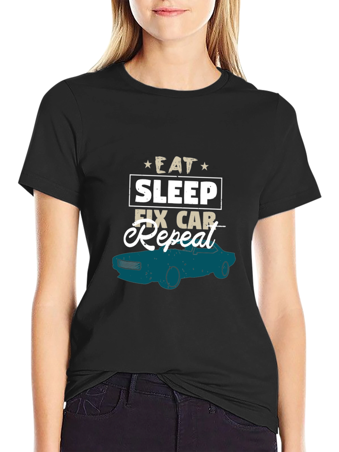 Black Eat Sleep Fix Car Repeat T-Shirt view 2