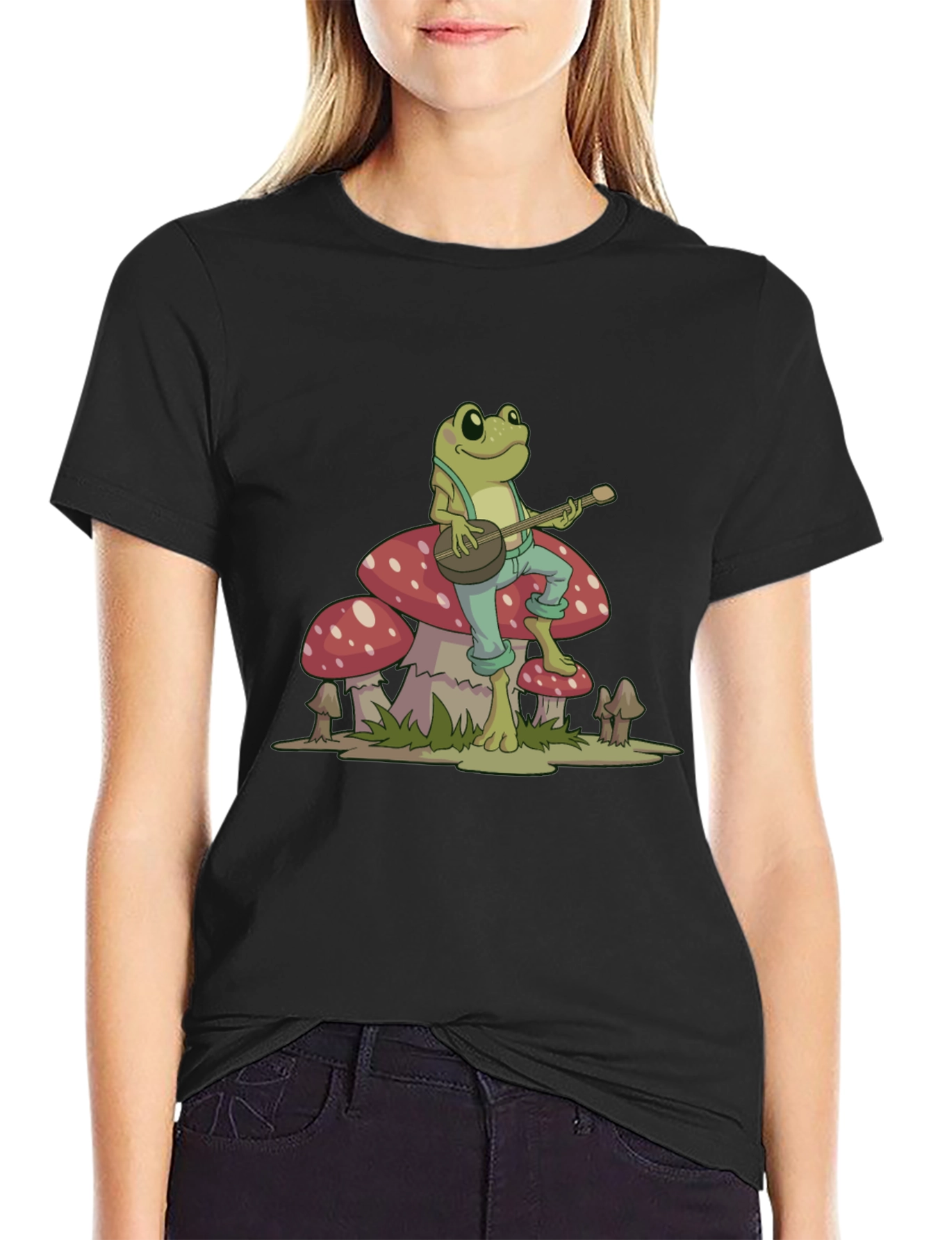 Black Frog Playing Banjo on Mushroom Graphic Tee view 2