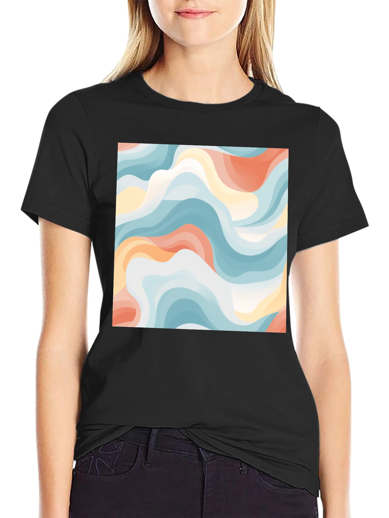 Black Abstract Wave Print Tee - Modern Art Shirt view 2