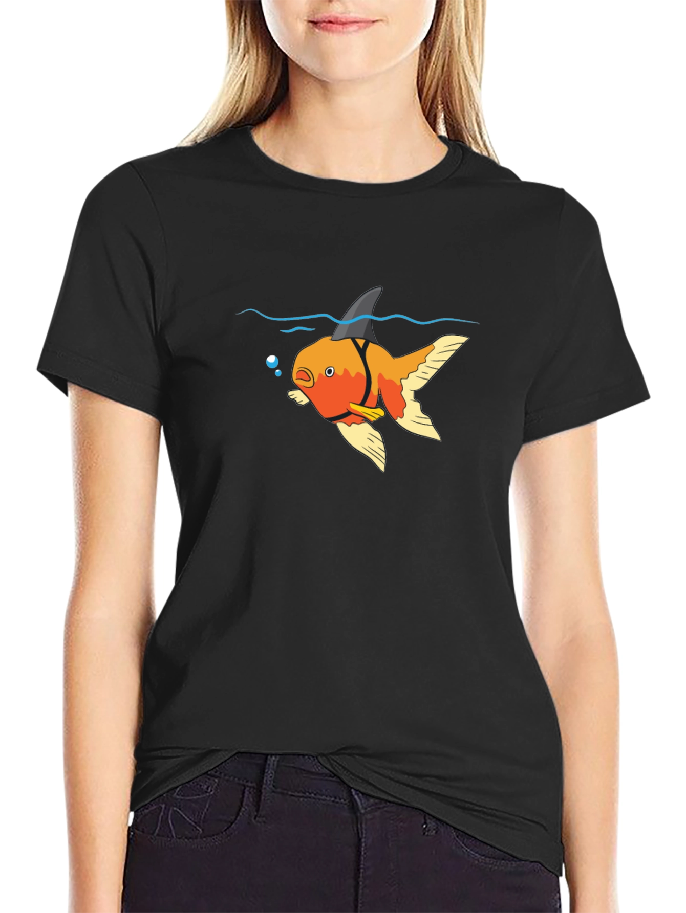 Black Funny Goldfish Shark Fin T-Shirt view 2