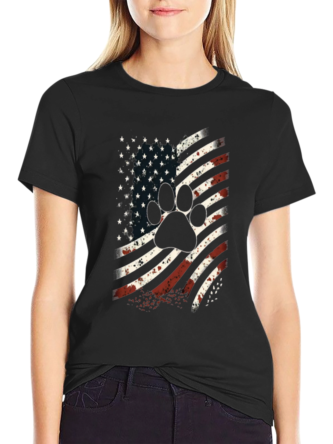 Black Patriotic Paw Print USA Flag Graphic T-Shirt view 2
