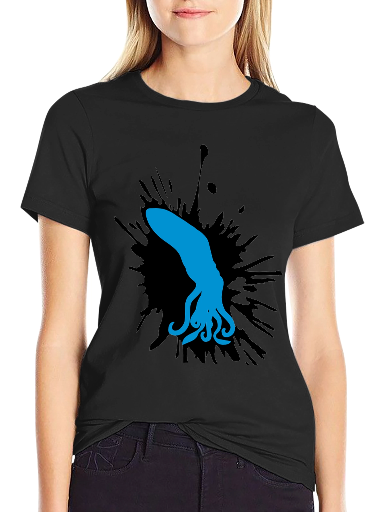 Black Blue Squid Graphic Tee - Black Cotton Shirt view 2