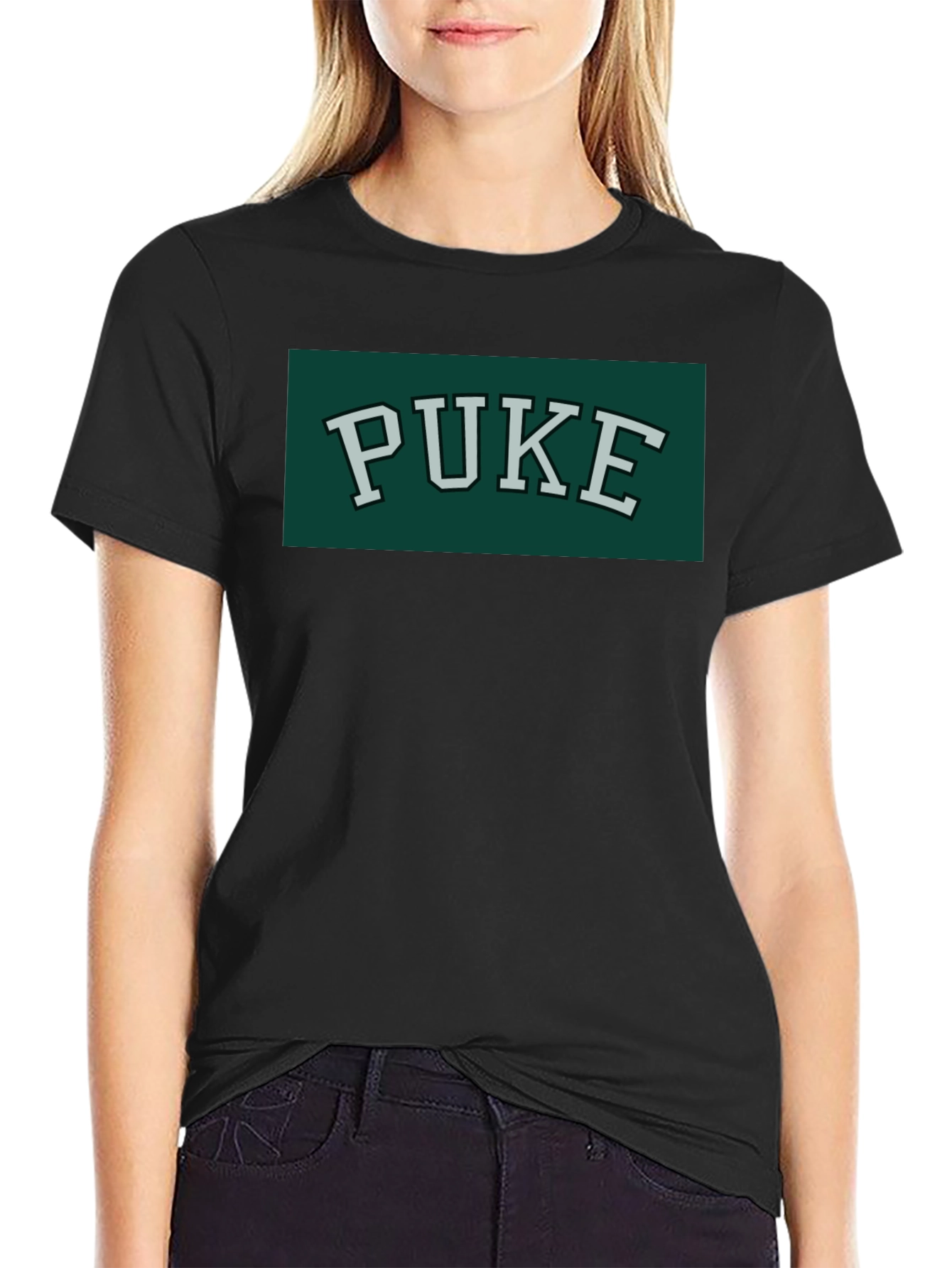 Black PUKE Text Tee - Retro College Style Graphic T-Shirt view 2