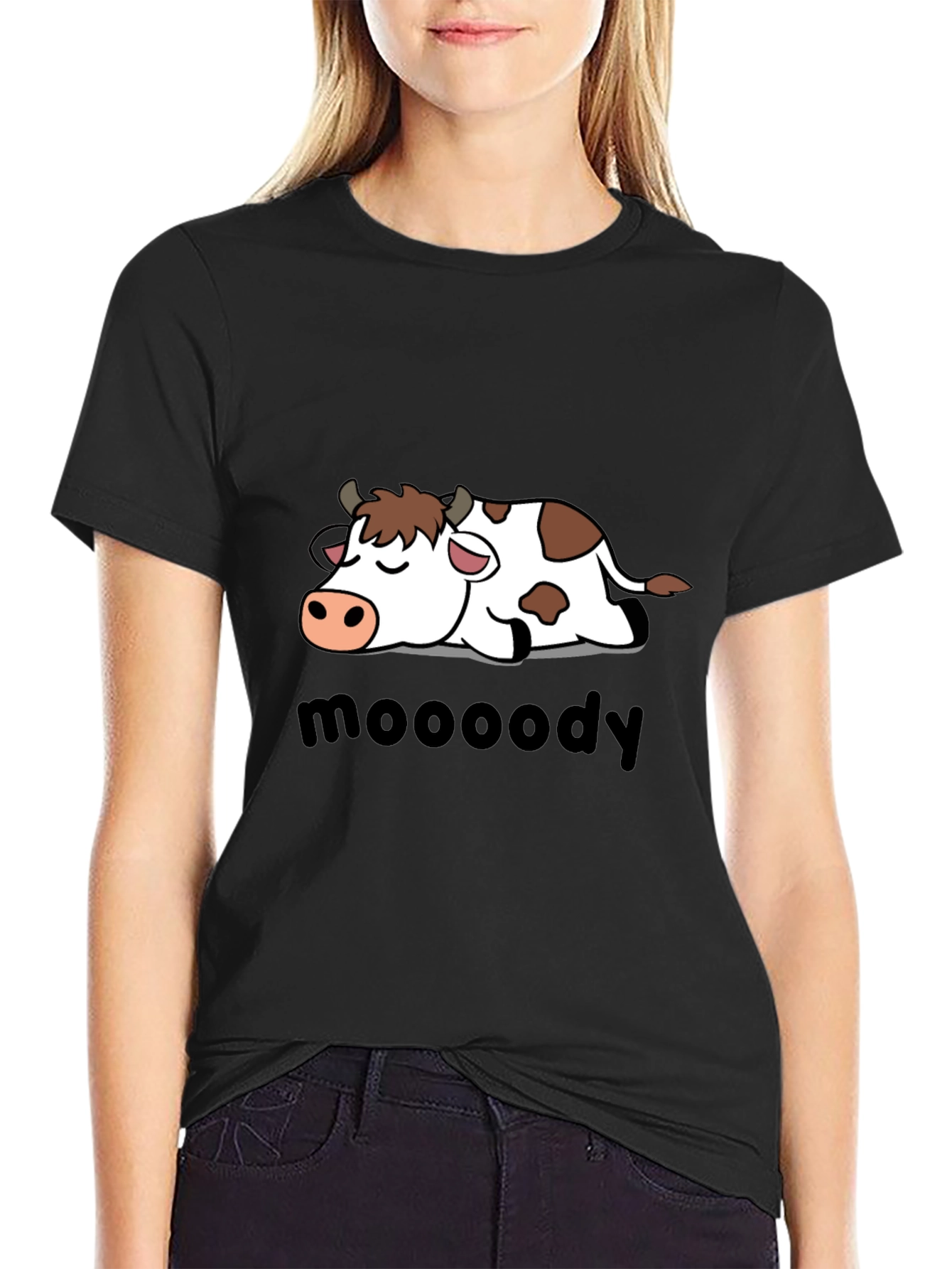 Black Moody Cow Graphic Tee - Black Cotton T-Shirt view 2