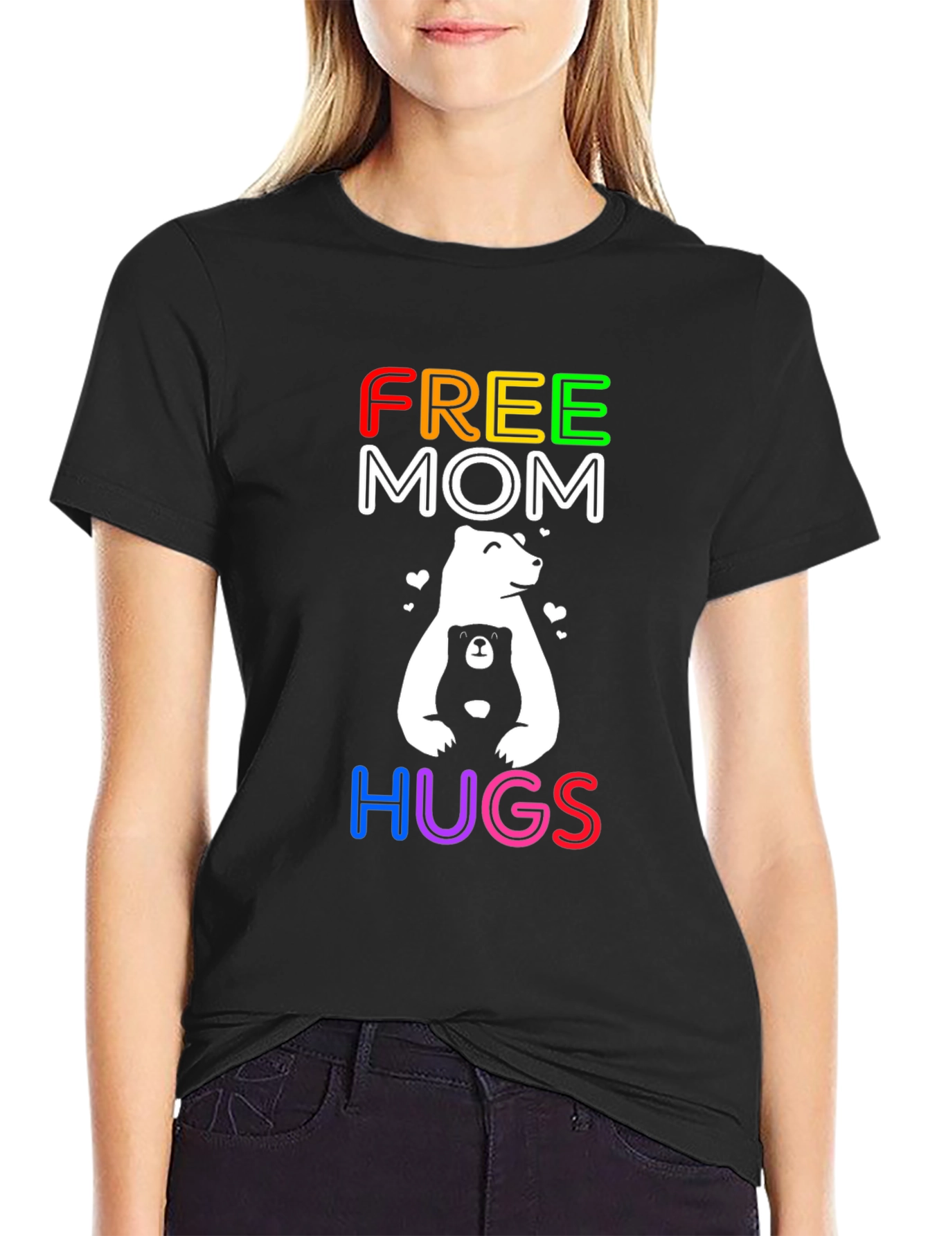 Black Free Mom Hugs Bear Graphic Tee view 2