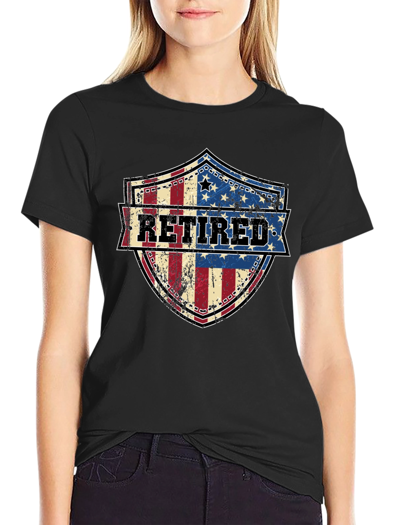 Black Retired American Flag Shield T-Shirt view 2