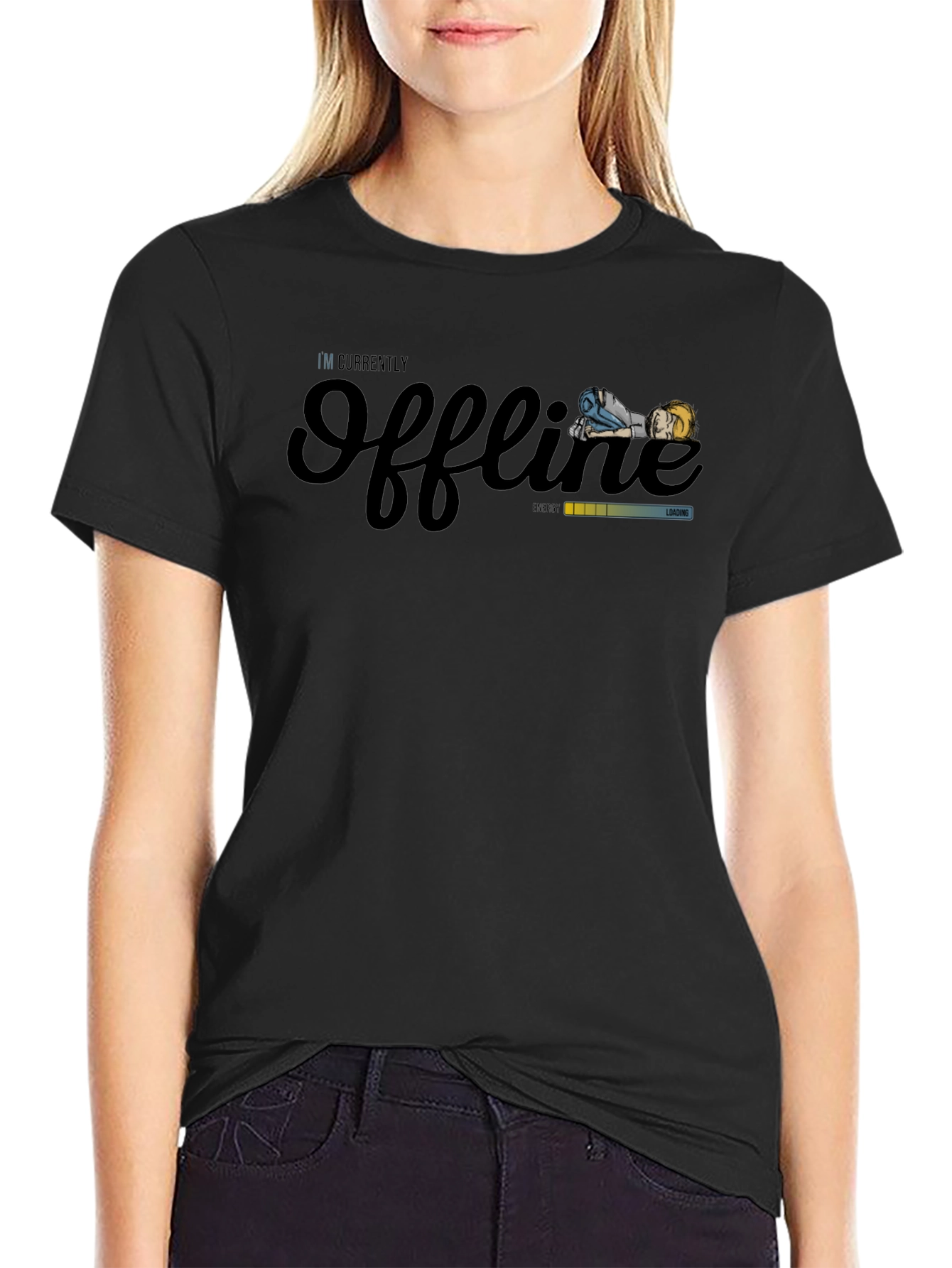 Black Offline Mode T-Shirt - Gamer Style Relax Tee view 2