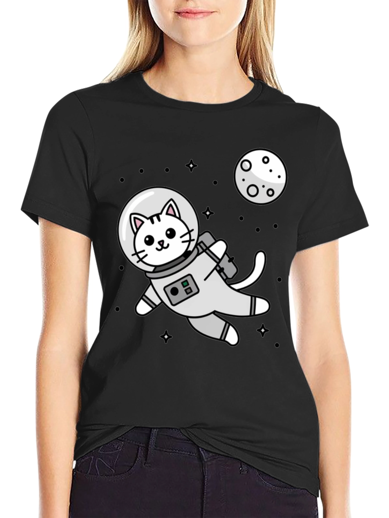 Black Astronaut Cat Graphic T-Shirt - Space Kitten Tee view 2