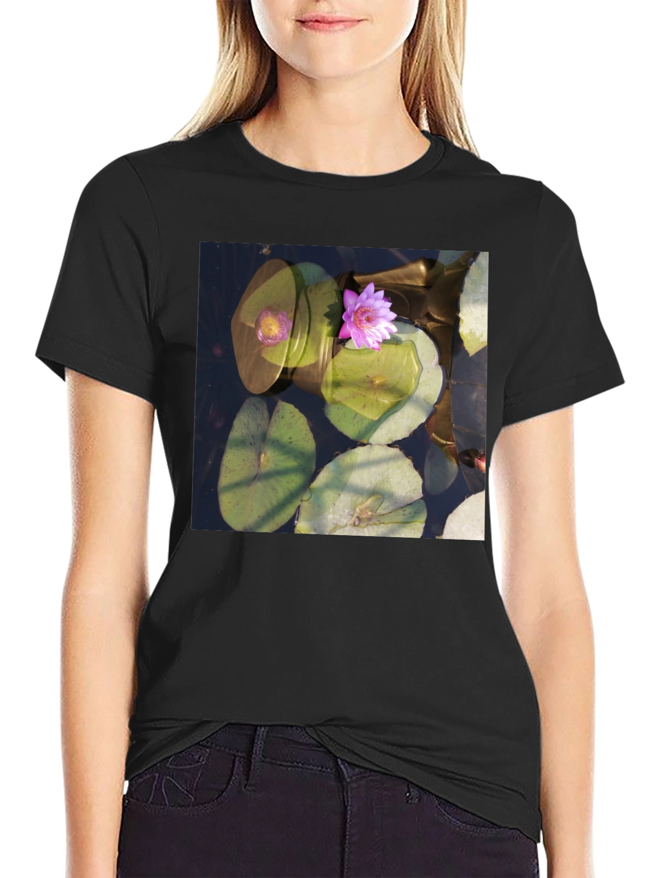 Black Lotus Pond Graphic Tee - Nature Inspired Design view 2
