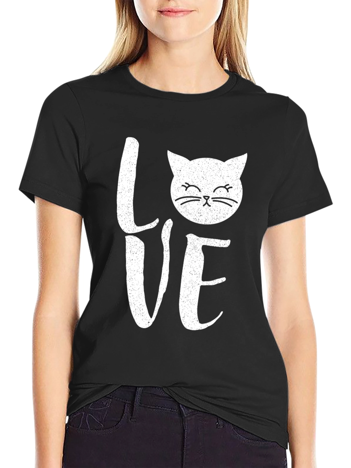 Black Love Cat Graphic Print Men's Black T-Shirt view 2