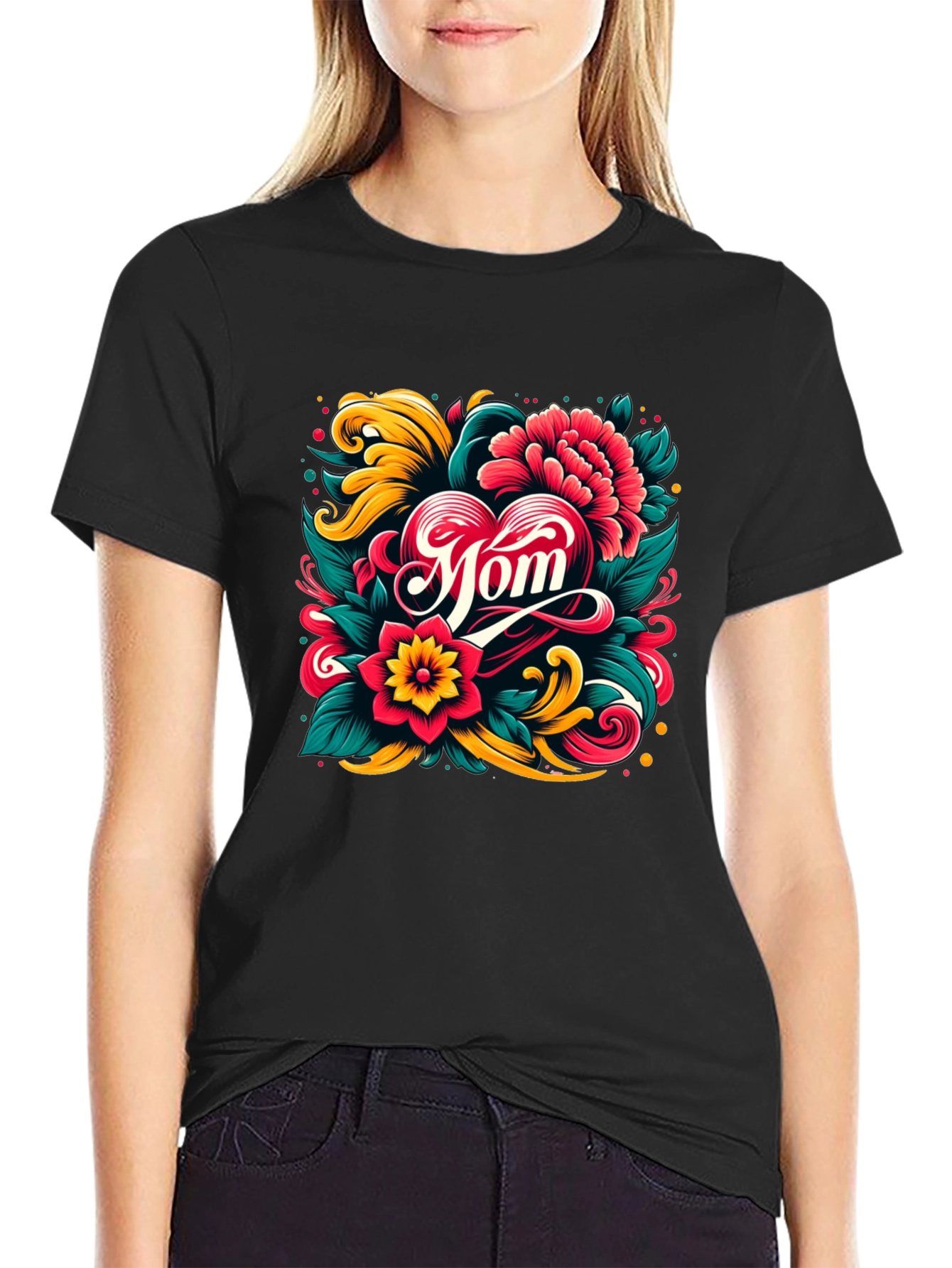 Black Mom Floral Heart Graphic Black T-Shirt view 2