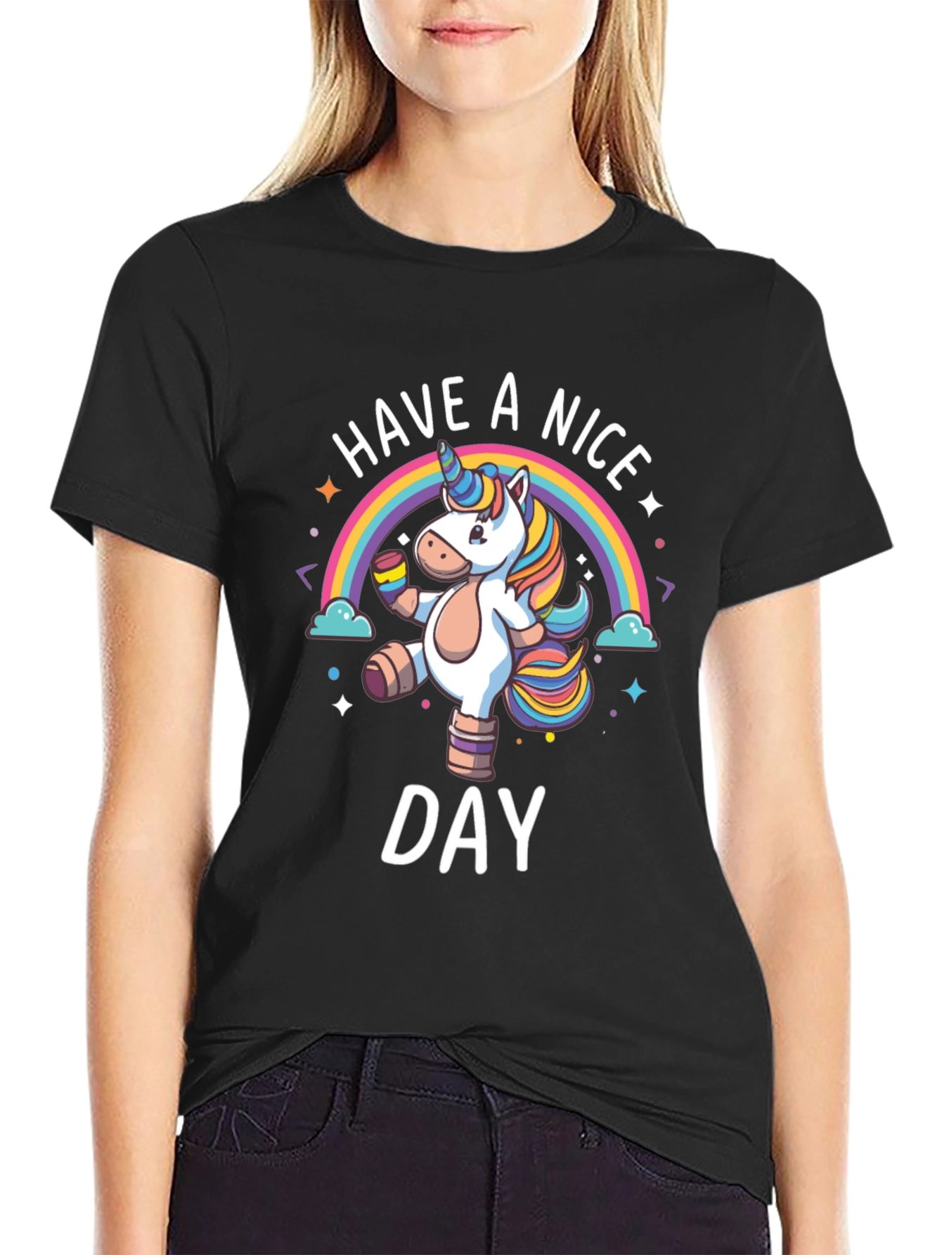 Black Unicorn Rainbow Graphic T-Shirt - Have A Nice Day view 2