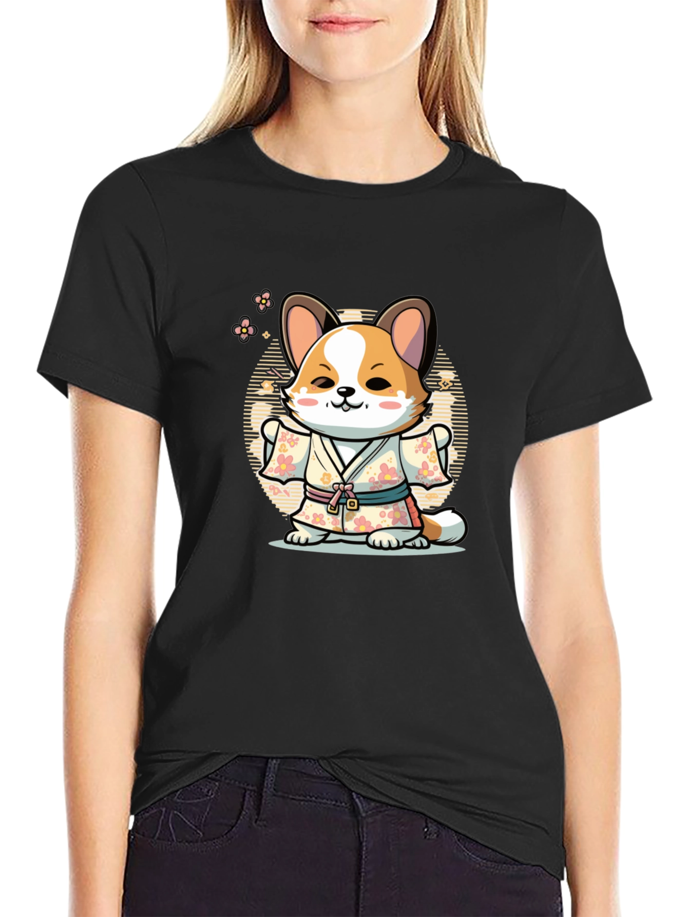 Black Cute Corgi in Kimono T-Shirt view 2