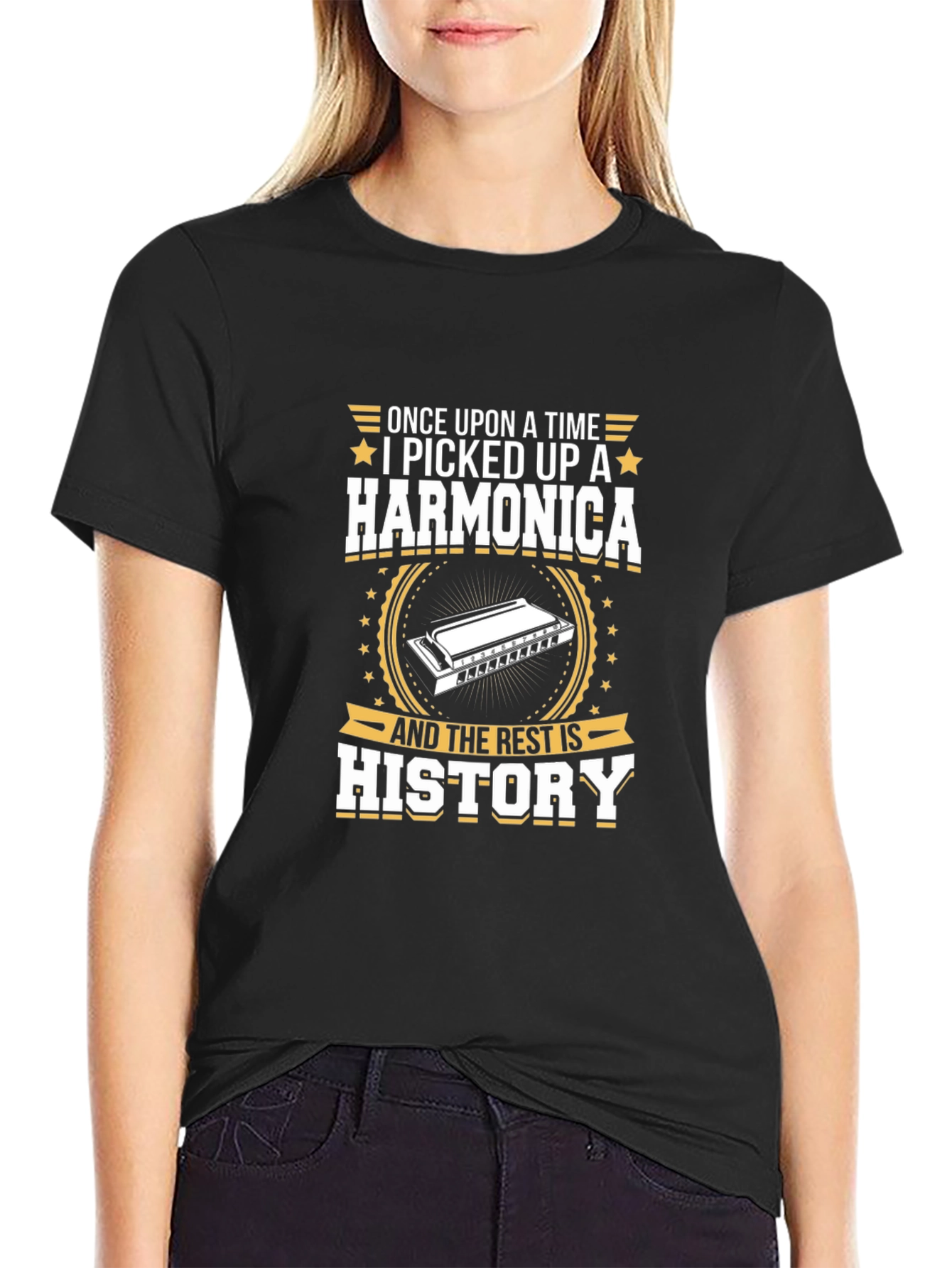 Black Harmonica History T-Shirt - Musician Gift view 2