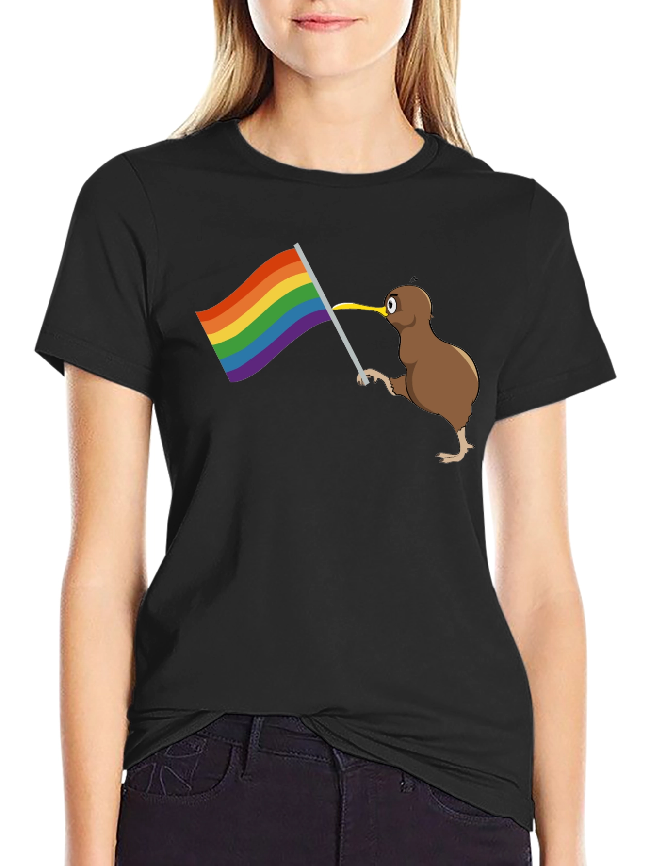 Black Kiwi Bird Pride Flag Graphic Tee view 2