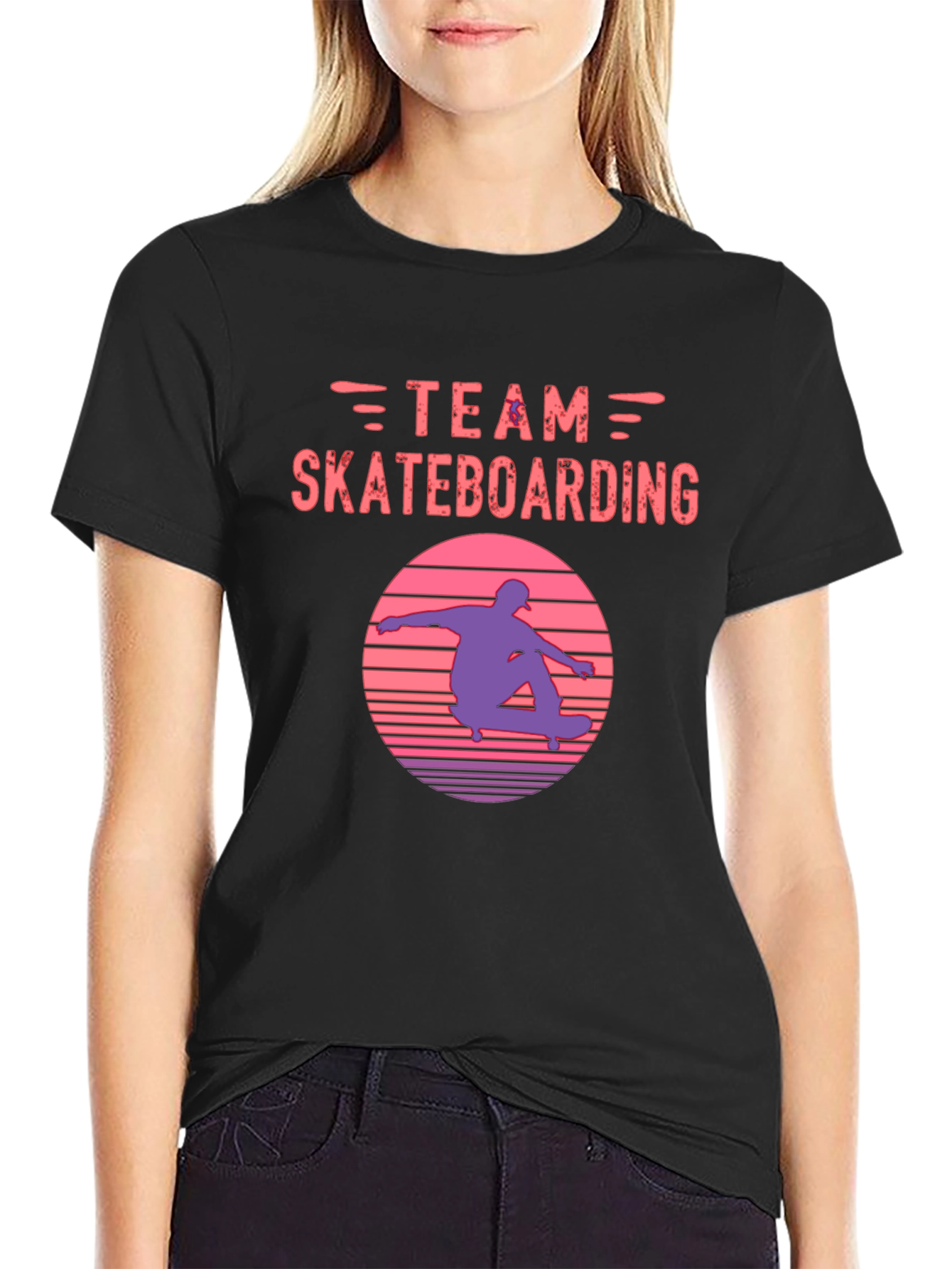 Black Team Skateboarding Graphic Tee - Retro Sunset Skater Shirt view 2