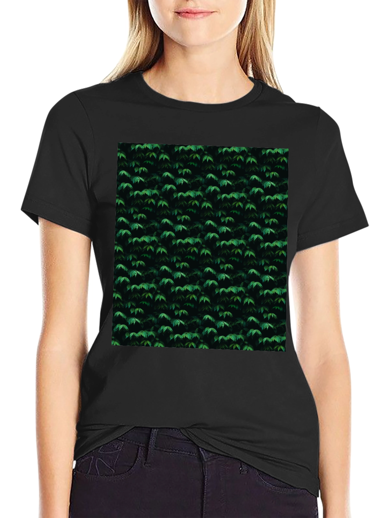 Black Stylish Black Tee with Green Leaf Pattern view 2