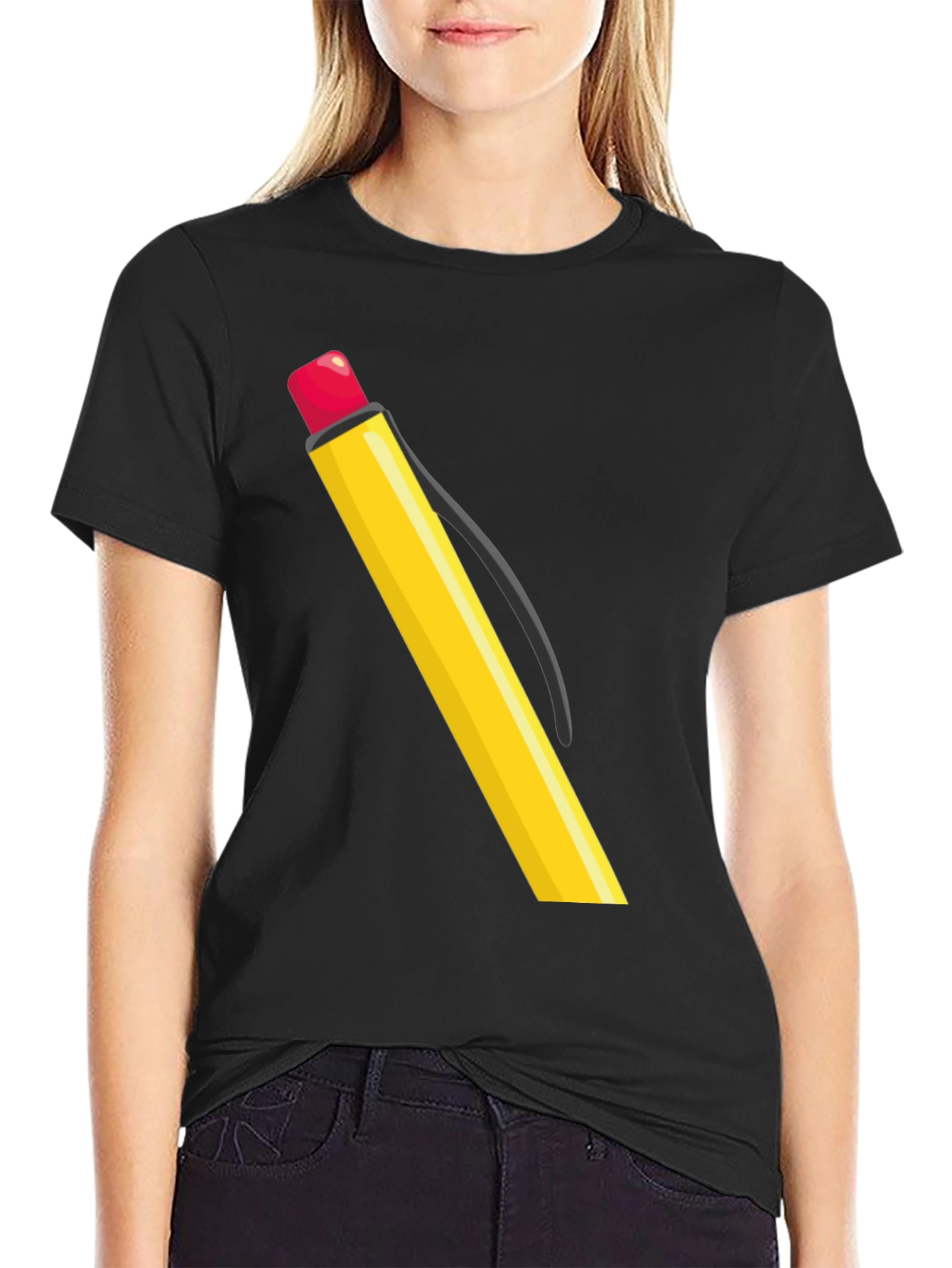 Black Pencil Graphic Tee - Black Cotton Casual Wear view 2
