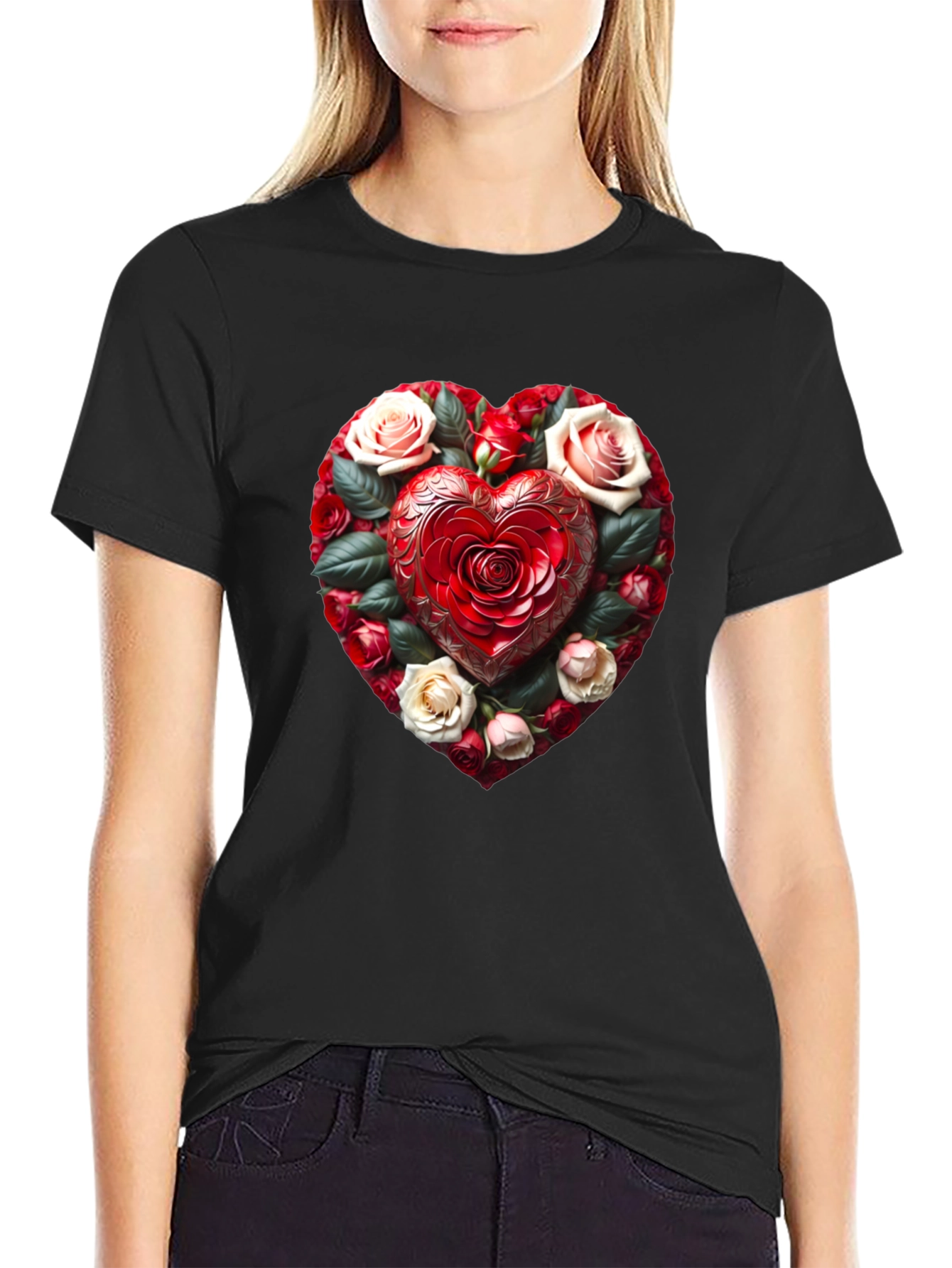 Black Romantic Rose Heart Graphic Black T-Shirt view 2