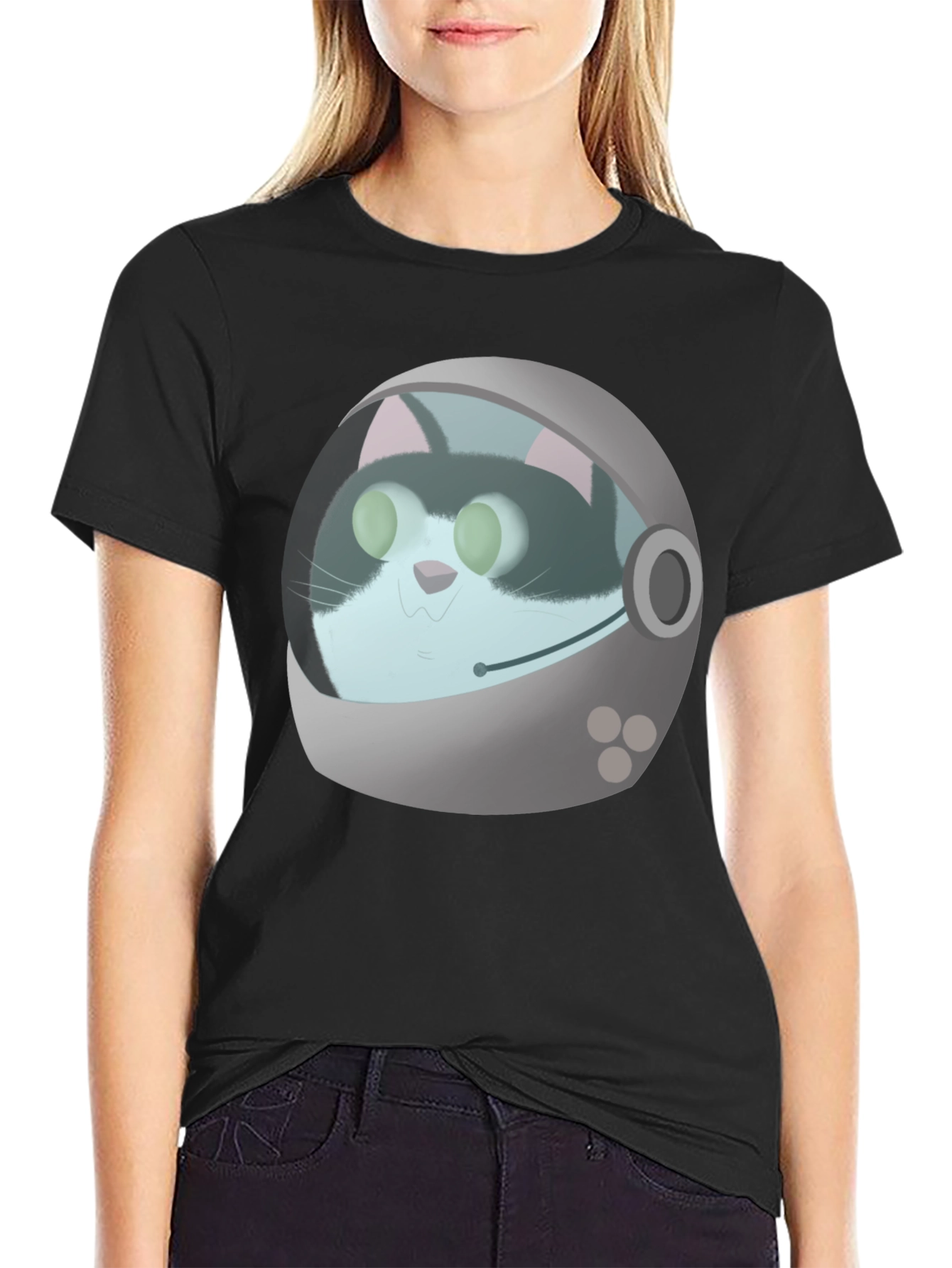 Black Astronaut Cat Graphic T-Shirt - Black Crew Neck Tee view 2